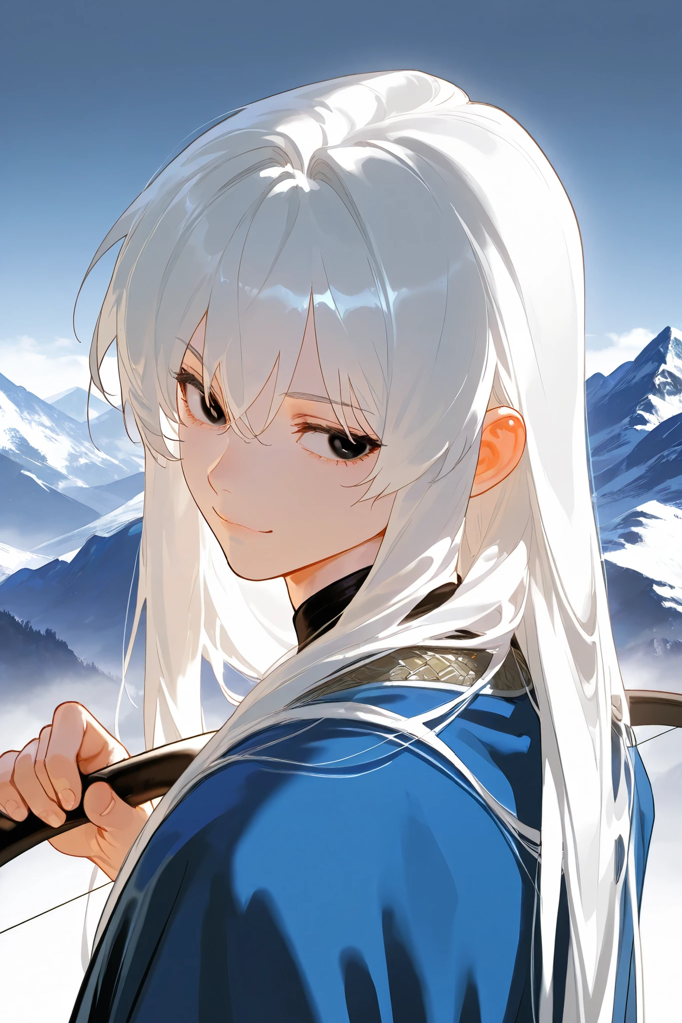 best quality, masterpiece,highest resolution,mountain background, 1male, white hair, long hair, black eyes, blue robe, small smile, holding bow, look back, portrait,perfect eyes