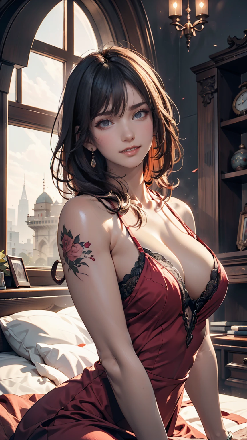 (masterpiece),(Highest quality:1.0), (Ultra-high resolution:1.0), Detailed illustrations, 8k, anime, One person, beautiful anime girl, Wearing a red dress, Flower Crown, Pretty face, Detailed face, Beautiful Eyes, Detailed eyes, Dark red eyes, Bright red lips, Red lipstick, Beautiful and stylish hair, Hair highlights, bangs anime style, Highest quality, Vibrant
