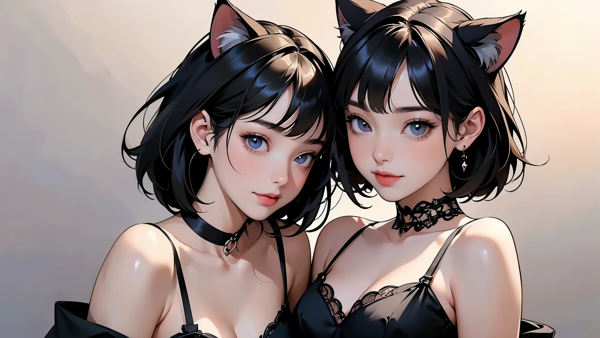 ( two girls :1.2)、whole body、( Gothic World Tea Party :1.2)、( gothic fashion :1.2)、( they are kissing each other )、 ( 、Please draw a cute face in detail )、 black hair、 short hair while on a business trip、 semi-long、 Bob Cut、 bangs、 hair ornament、(Cat ears)、 black cat costume、 White cat costume 、 choker 、( lingerie to raise armpits)、 off shoulder 、 sexy mini dress、, , , Attractive Smile、 small breasts、 soft focus、 Cinematic Light 、Soft light、 ( simple background)、( Dark Background )、(( plain background ))、(Full moon in the night sky)、4K Anime Art、( best quality , Masterpiece, high resolution)、
