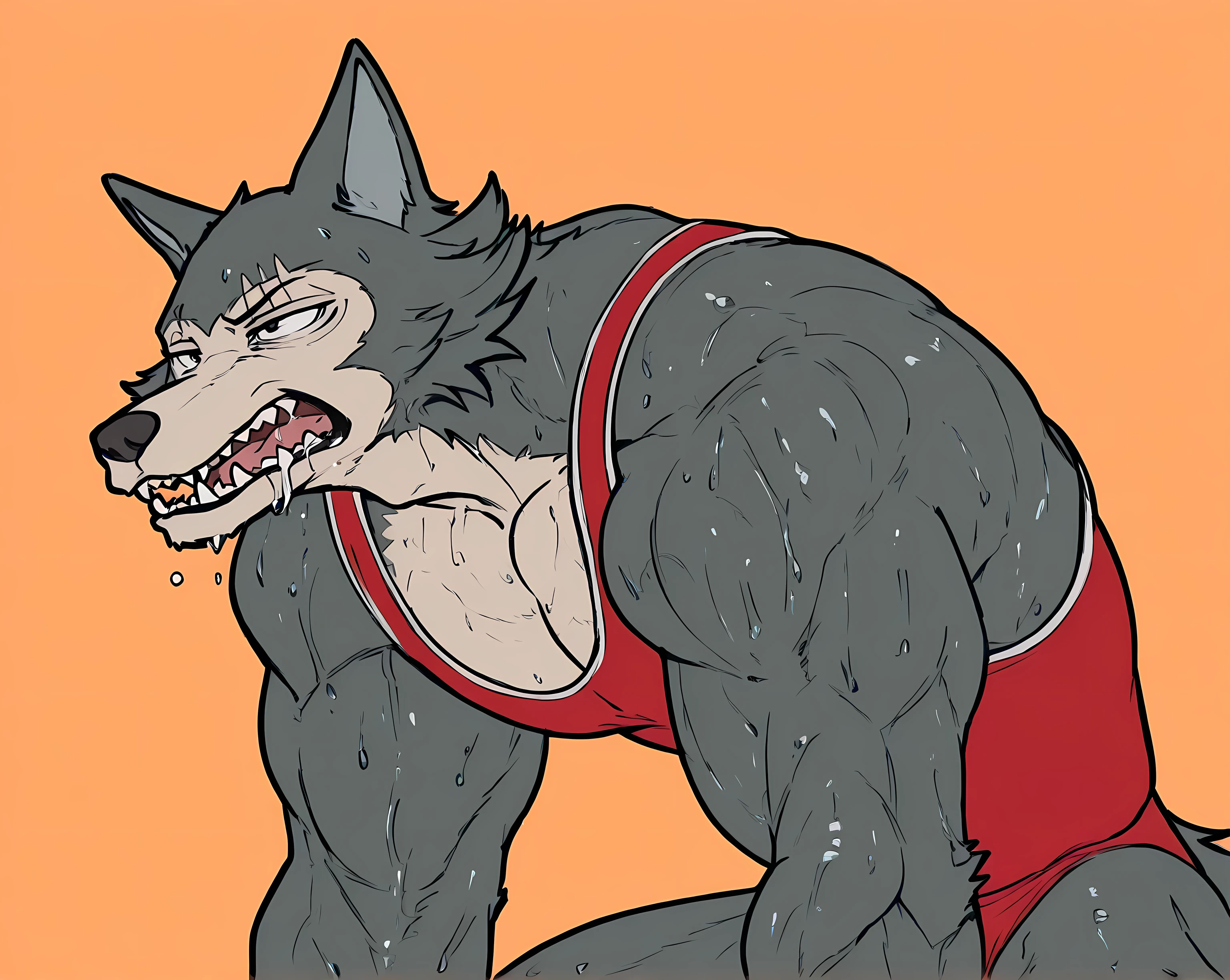 l3gosh1, beastars, male, solo, wolf, muscular, athletic, masculine, (small eyes), flat color, wrestling_singlet, simple background, sweaty body, veiny arms, bulging muscles, (wrestling stance, dynamic pose), bulging muscles, exhausted, panting, tired, drooling, glistening muscles