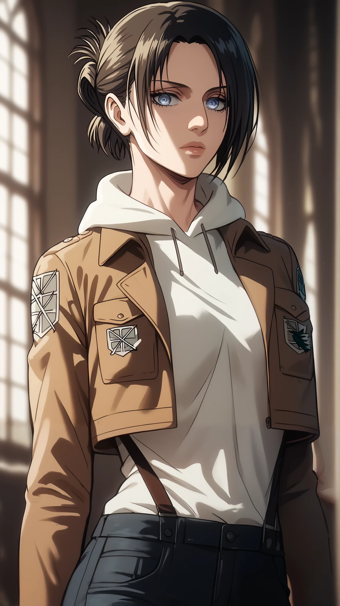 Annie Leonhart style,  perfect eyes,  perfectly sexy face, ultra detailed,  ultra perfect eyes ,  big beautiful woman , standing, dark blue shorts, Body,  Looking at the viewer,