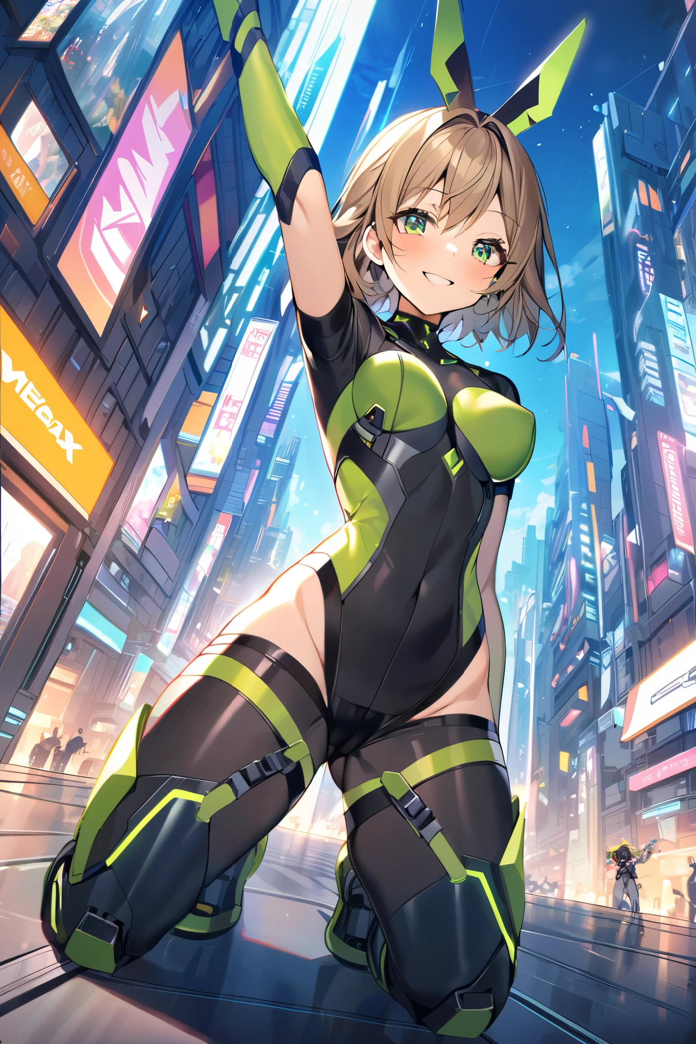 1teen_girl, kneeling with one hands on the ground  solo, short hair, brown hair, short sleeves, (latex_bodysuit), robot ears, green eyes, short sleeves, short over long sleeves, bare_thighs,smile, in futuristic city, , high quality, medium_breasts,crotch, slouch,groin,dynamic_angle,open_legs,