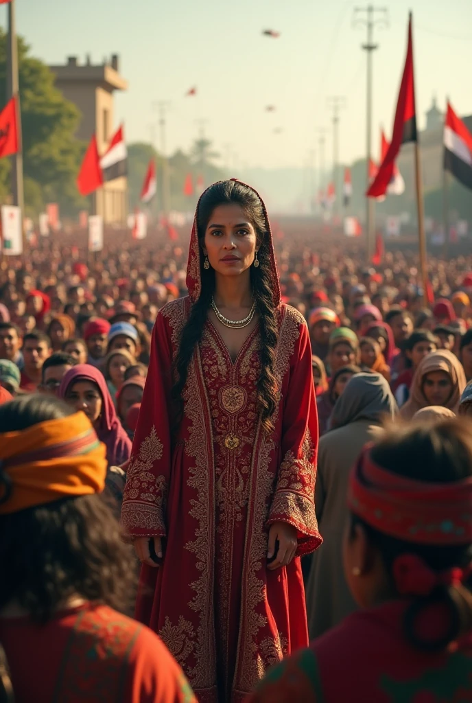 Give me an image which written Boycott Indian Products banner with girl wear red sharee.
Reason Bangladesh flood.