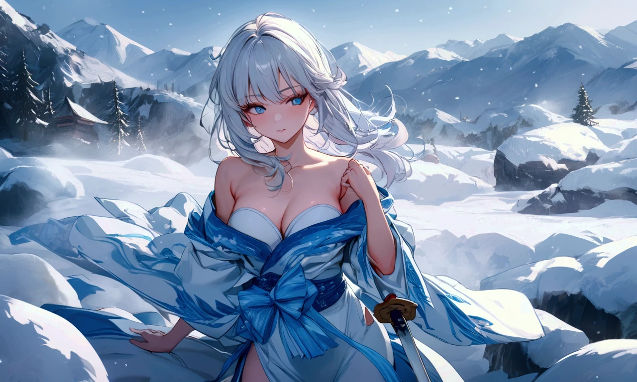 one-girl,White clothes,Off-the-shoulder attire,White hair,Huge breasts,cleavage,red fox,Ice and snow,In the snow,Blizzarding,
