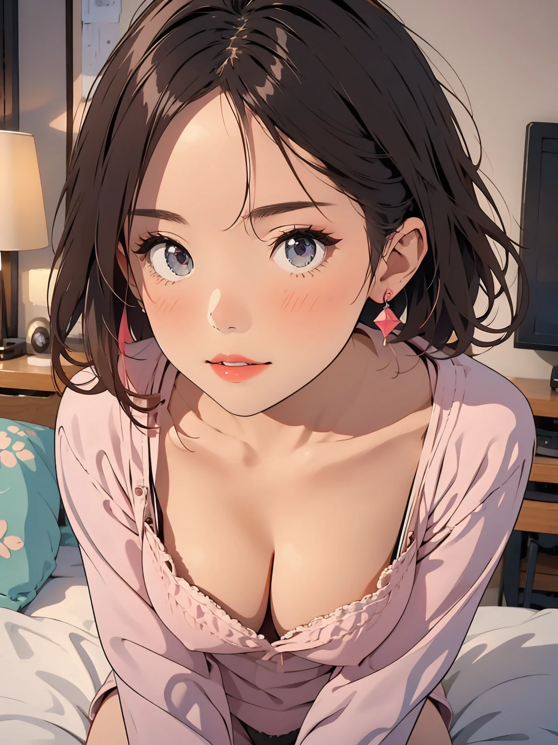 (masutepiece: 1.3), (max resolution: 1.2), (Ultra HDTV: 1.2), cinematric light, 8K resolution, Detailed eyes and skin, detailed facial features, Perfect limbs、Perfect fingers、Anatomically accurate body, Fingers in natural shape, Realistic texture, (Sharp Focus: 1.2), (Focus on Face:1.2), Perfect Style, (Beautiful face, kawaii eyes, Clear eyes、realisticeyes), acurate, Anatomically correct, ノ Highly detailed facial and skin texture, Detailed eyes, Double eyelids, Thin eyebrows, glitter eyeliner, Natural cheeks, Glossy skin, Fair skin: 1.2, (Glossy lips: 1.4), (Shy look: 1.2),Highly detailed facial and skin texture, Detailed eyes, Double eyelids, Natural cheeks, ,shiny lips: 1.4), (large breasts:1.3), Round Breasts, cleavage of the breast, Full body like, (red blush, embarrassed from:1.1), (shiny lips: 1.1),
((standing on the bedroom, open legs, panties)), Neat and clean girl, 23yr old, 1 persons, cute, happy, Adult women, bangs flowing diagonally, Brown very short hair,
(((random color, pajamas))), (pastel color pajamas), サイドショット,