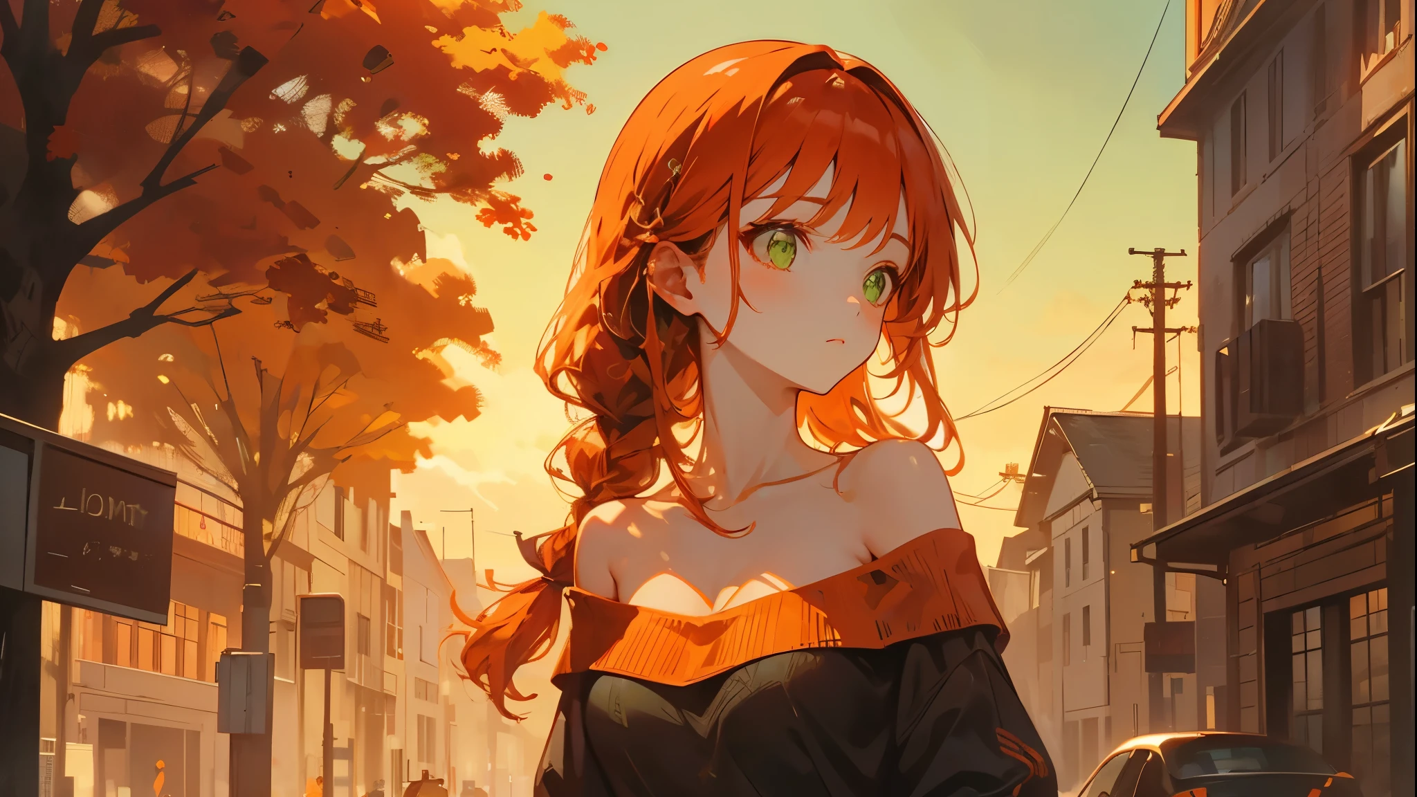  ((best quality)), ((masterpiece)), (detailed), 1girl, off-shoulder sweater, piggytail braids orange-reddish hair, green eyes, dynamic pose, out door, morning, on the street, upper half body image.