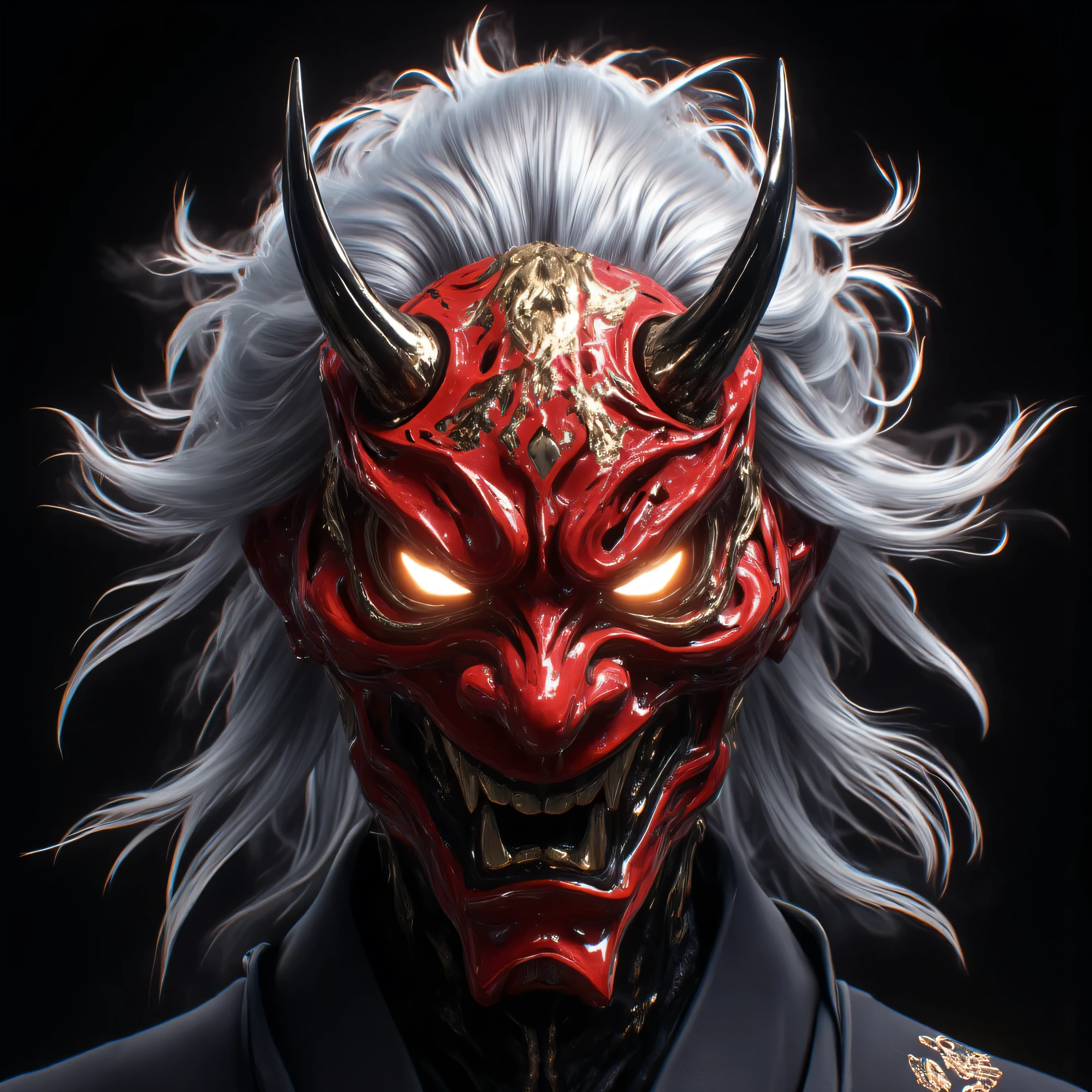 Portrait mask, Mascará masculine,  masterpiece ,  high quality, 8K,  High resolution,  high detail, Japan, devil,  smile, forehead,  foreground, Mirando al espectador de forehead, neon red, Japanese demonic mask , Oni Style , man,  extremely detailed and symmetrical .  The mask is red with curved black horns ,  ornamental details in gold and crimson red,  and lines carved with traditional patterns .  have sharp fangs and bright eyes in a deep orange tone that emanate energy.  Her hair is white and fluid ,  with an ethereal feeling ,  Smooth and flat dark black background.