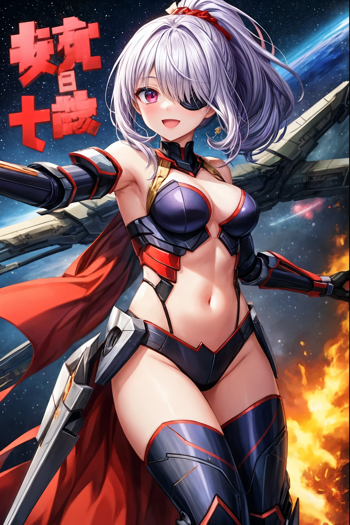 ,1girl,(teen:1.5), (short_ponytail:1.3), (light_whitish_purple_hair:1.3),black_mechanical_armor_parts,white_breasts_parts_red_black_body_suit,bare_shoulder,bare_slender_thighs,medium_breasts,city_background,Stinging_eyes,sleepy,thighhigh_greaves,gauntlets,dynamic_posing,bare_frank,metal_red_parts_armor,red_eye,solo,
fists,hold_weapon,glare,navel,large_mechanical_parts,happy,waist_armor,open_mouth,rise_legs,apart_legs, (covered_navel:1.3),(very_long_bangs:1.3), (hair_over_one_eye:1.5),(long_bang_covers_right_half_of_face:1.5),
(covered_pussy:1.1),covered_breasts,fighting,