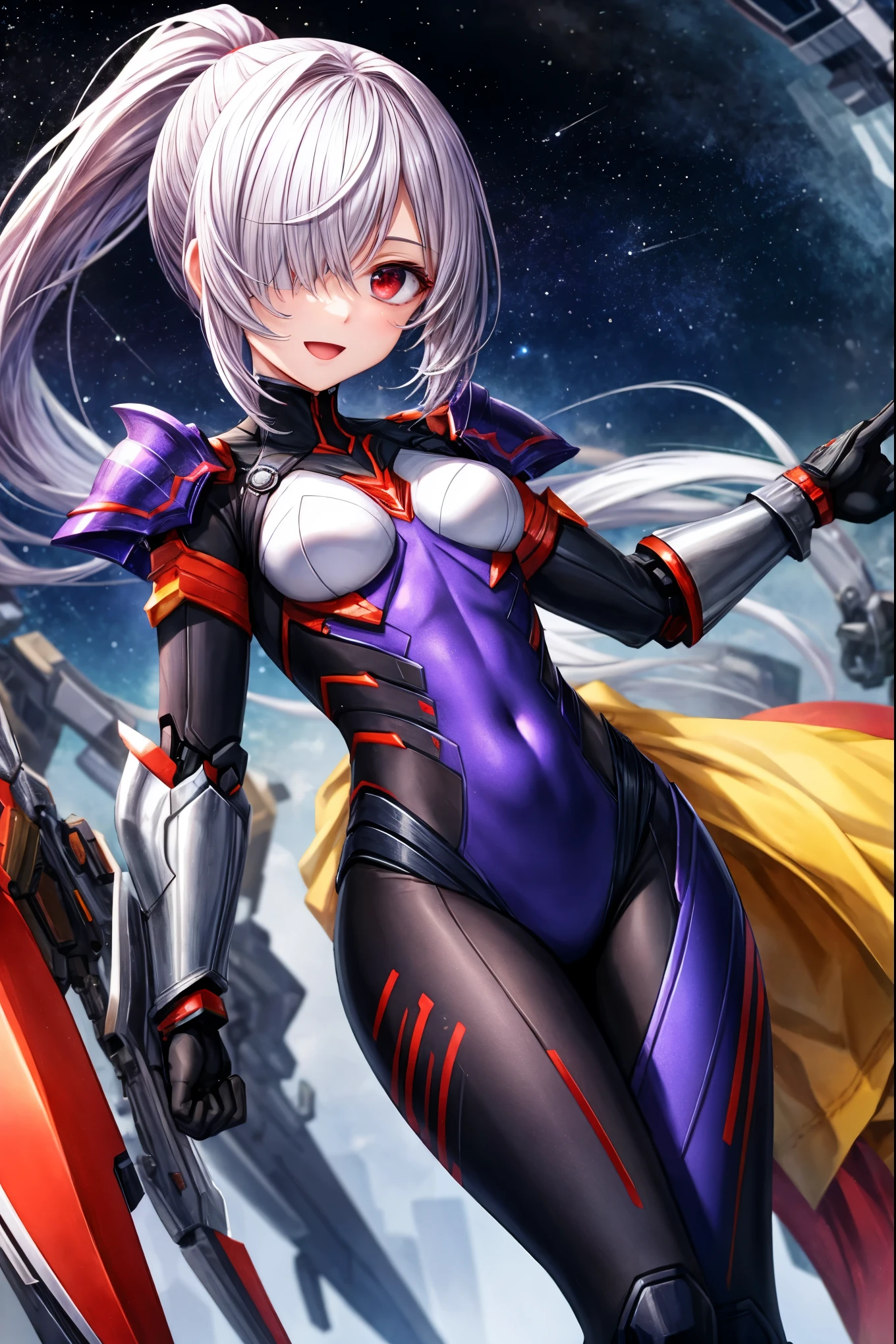 (masterpiece, best quality:1.2), solo, 1girl, yamamoto akira, dark skin, expressionless, looking at viewer, ahoge, bodysuit, outer space