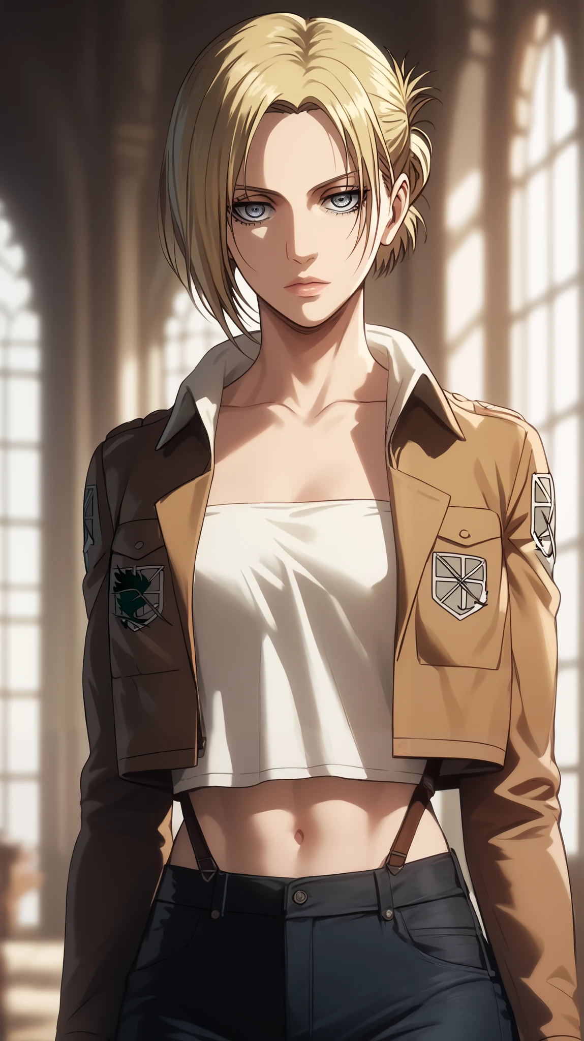 Annie Leonhart style, perfect eyes, perfectly sexy face, ultra detailed, ultra perfect eyes , big beautiful woman , standing, dark blue shorts, Body, Looking at the viewer,