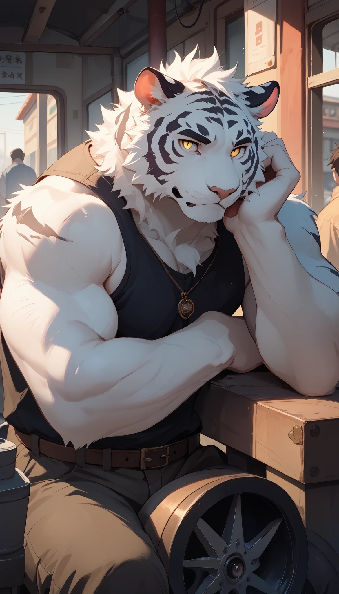 ( masterpiece, best quality,Super Fine, perfect anatomy), detailed background , empty , furry,cannon, , sharp focus ,白色tiger,through empty ghost, rest 阳光,external,campus, alone, alone ,male,male ,Human,cat,tiger, muscular,rest ( white fur :1.5, white body :1.5), watched the audience , delicate eyes , pink inner ears covered by the Destroyer ,Wear casual clothing,In order to cope with the best weather, golden pupils