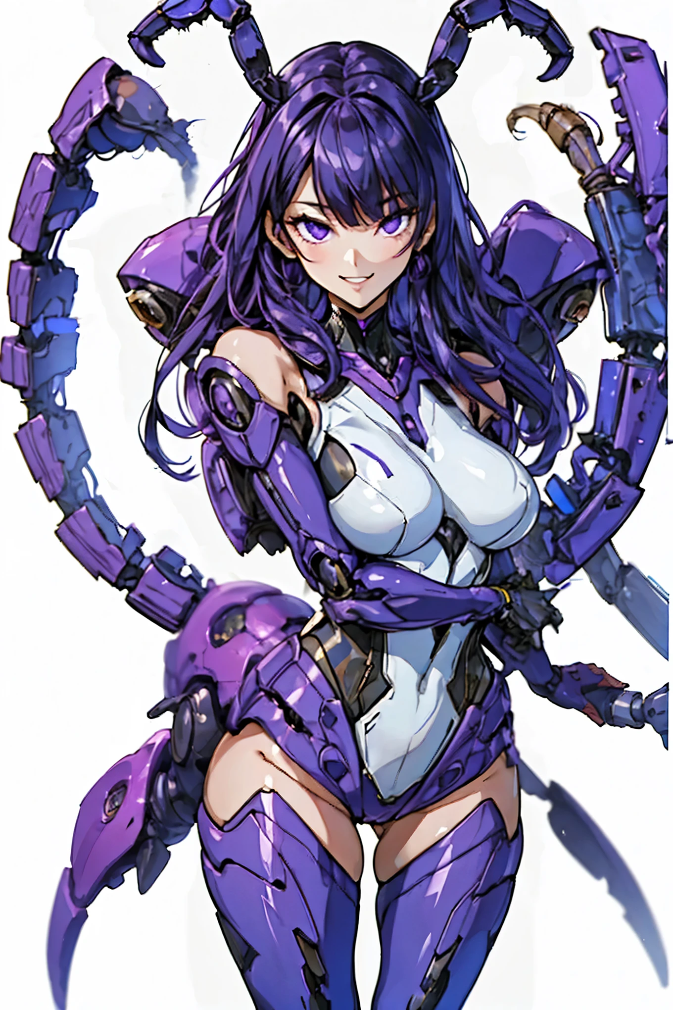 Sci-fi style girl. Mechanical bodysuit. Purple image color. Long hair. Straight hair. Even bangs. Smiling. Scorpion tail. Arthropod element. Mechanical scorpion. Thighs. Thick legs. Breasts perky. White background.