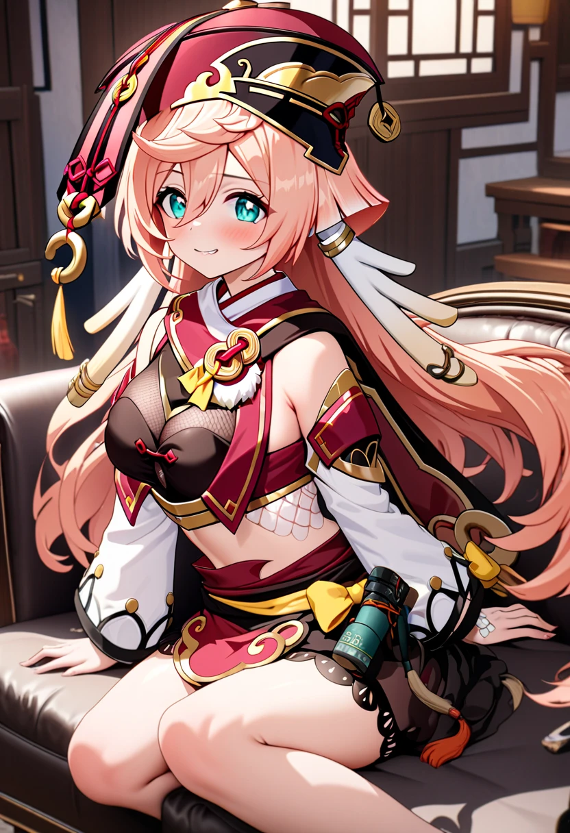 best quality, masterpiece, highres, solo, {yanfei_genshin:1.15}, pink_hair, long_hair, green_eyes, hair_between_eyes, bangs, hat, red_headwear, antlers, smile, breasts, small_breasts, cleavage, midriff, horns, 1girl, bare_shoulders, black_bra, bra, crop_top, detached_sleeves, looking_at_viewer, navel, underwear, long_sleeves, upper_body