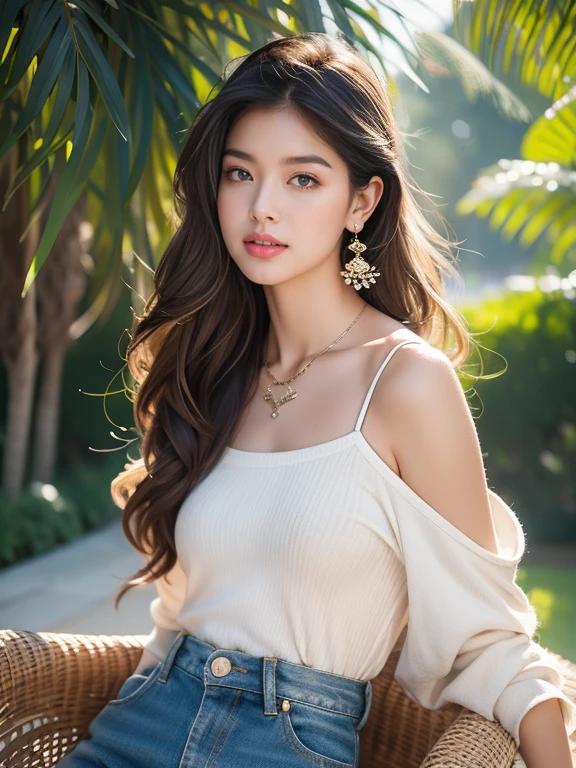 highest quality,masterpiece,Ultra-high resolution,(Actual:1.4),Original photo,Ultra-high resolution,8k,There are also women,Fair skin,Exquisite makeup,White high heels,Long legs,Bright and beautiful、Loosely inward wavy hair,Extra long brown hair_Hair reaching down to the waist,A shy smile、gold luxury necklace_Large earrings,White short-sleeved T-shirt、Worn out Levi's jeans、Western Boots、Baseball cap、At the baseball stadium((A shy smile:1.3)),Standing gracefully、Many customers in the background