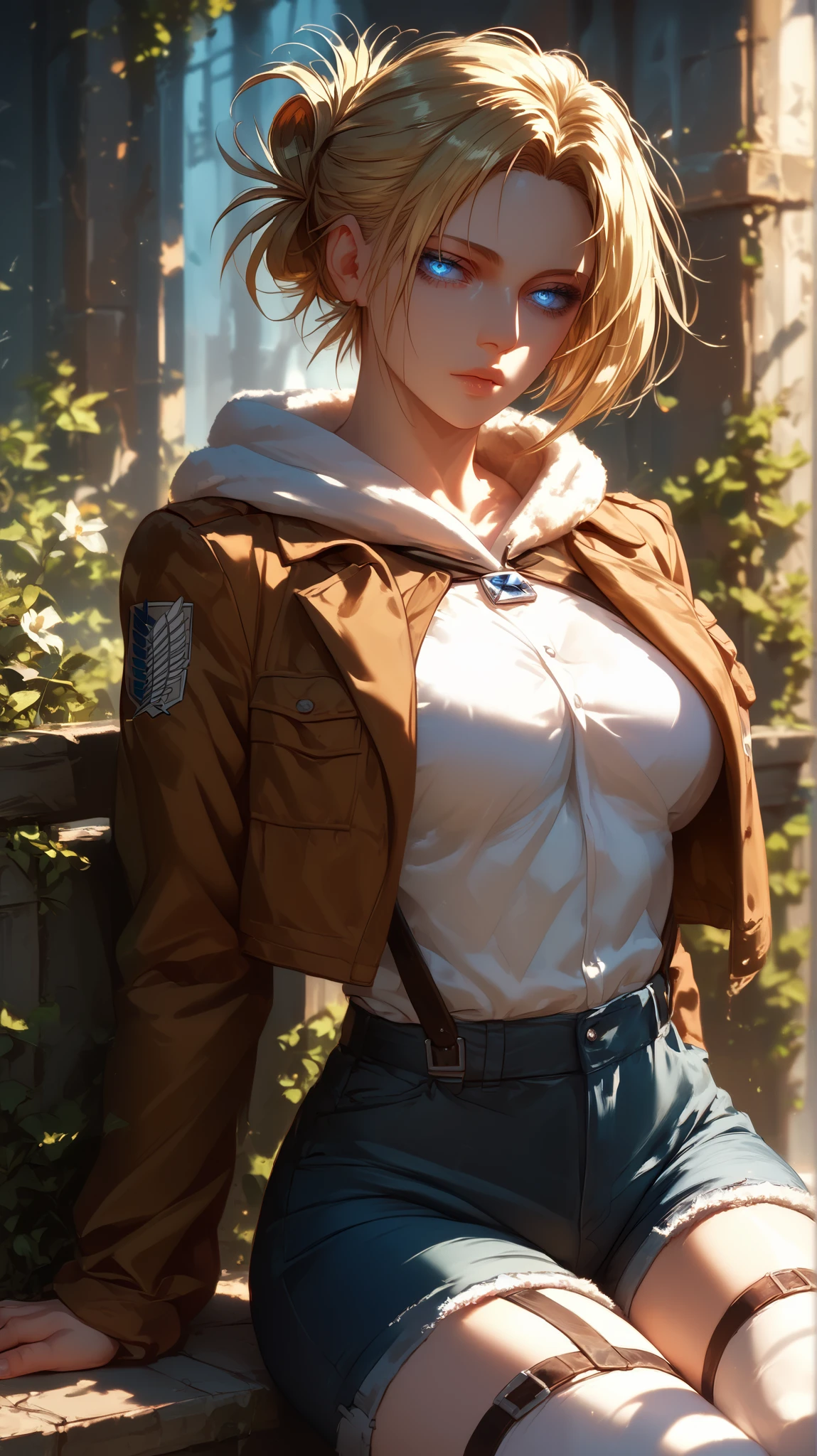 Annie Leonhart style, perfect eyes, perfectly sexy face, ultra detailed, ultra perfect eyes , big beautiful woman , sitting, dark blue shorts, Body, Looking at the viewer,