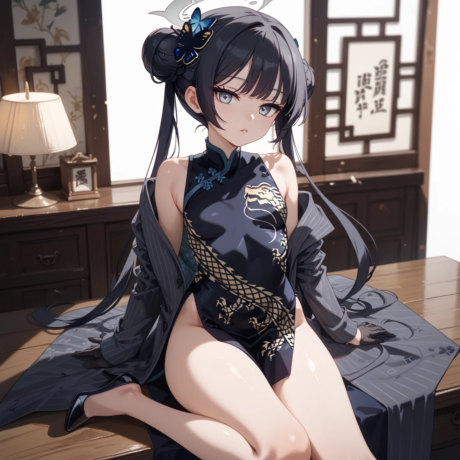 absurdres, RAW photo, extremely delicate and beautiful, masterpiece, Best Quality, ultra high resolution, 32k, hyperrealistic, ultra-detailed, in her 20s, delicate facial features, beautiful detailed girl, tearful mole, earring, medium breasts, (full body shot), shorter middle hair, black hair, jiangshi,