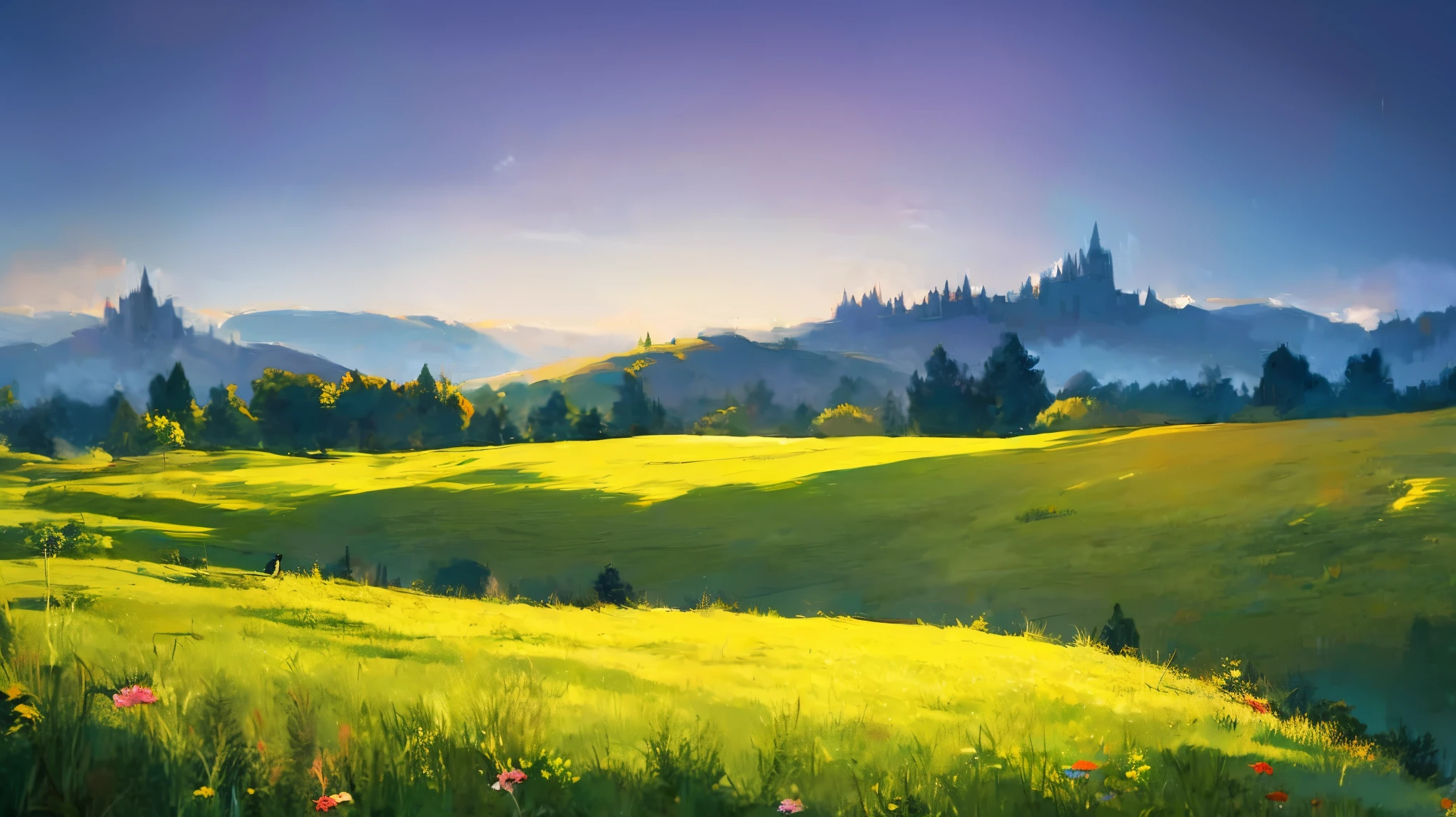 A is drawing with paint,Background meadow, Sky, looks up at the , Distant Scenery