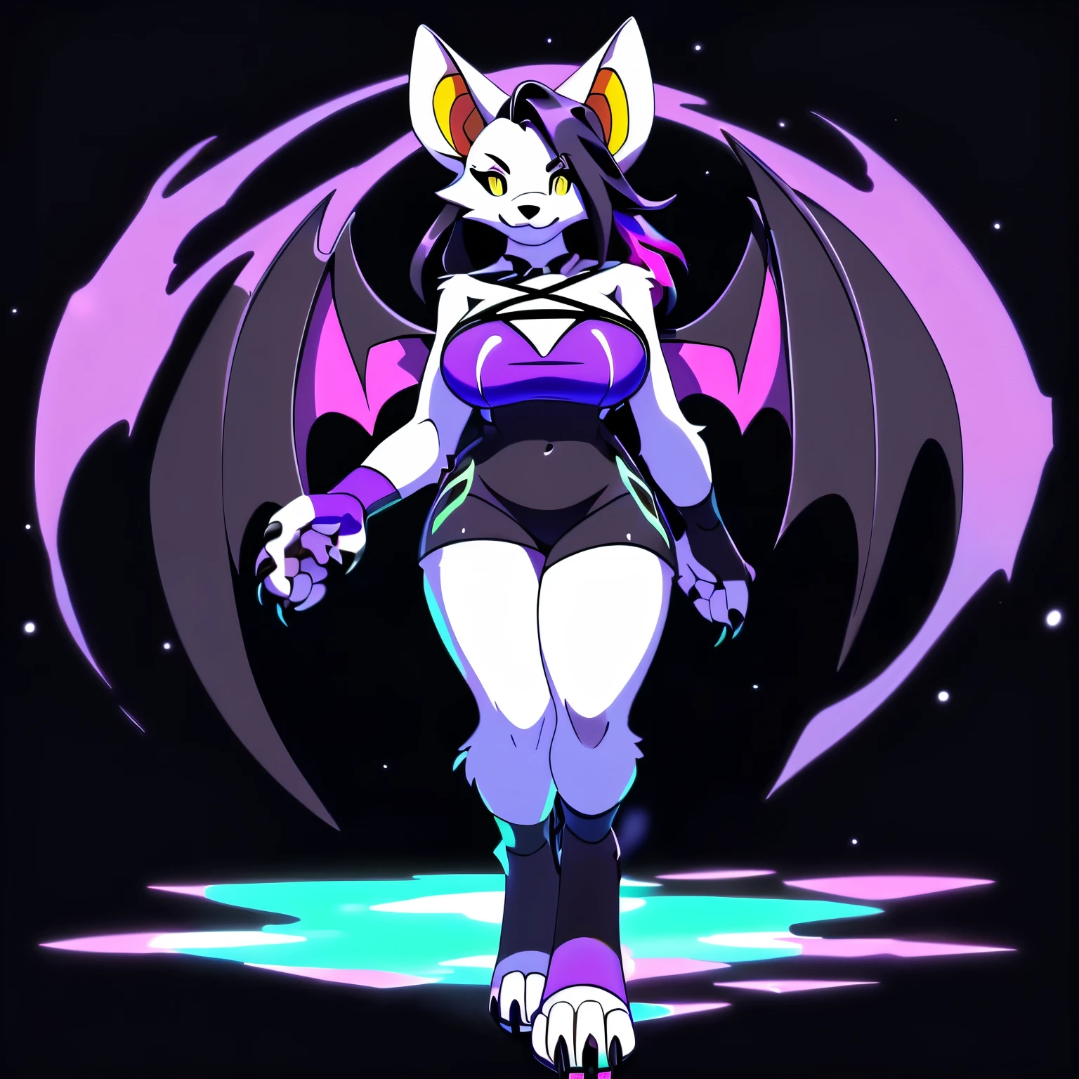 Anime, anime style:1.5, ((single person:2)), ((solo drawing:2)), ((solo:2)), ((sfw version:1.5)), ((Three-Quarter view)), ((standing pose)), ((plush build)), ((wearing a black halter top:1.2)), ((wearing black knee length shorts:1.2)), ((neon purple highlights:1.2)), ((female Anthro bat)), ((Tall with large breasts)), ((Shoulder length dark hair with neon purple highlights:1.2)), ((buxom figure)), ((white fur)), ((Single Pair of Wings)), ((Huge Bat Wings)), ((Purple and black Bat Wings:1.5)), ((white bat ears:1.2)), ((white face)), ((neutral expression)), vivid yellow eyes:1.5, ((digitigrade legs)), ((digitigrade feet)), ((solid black background:1.3)), highly detailed anime style, clean lines, white face, short white muzzle, white furry cheeks, white furry muzzle, ((white foot paws)), ((foot paws with four toes)), ((claws)), ((white legs))