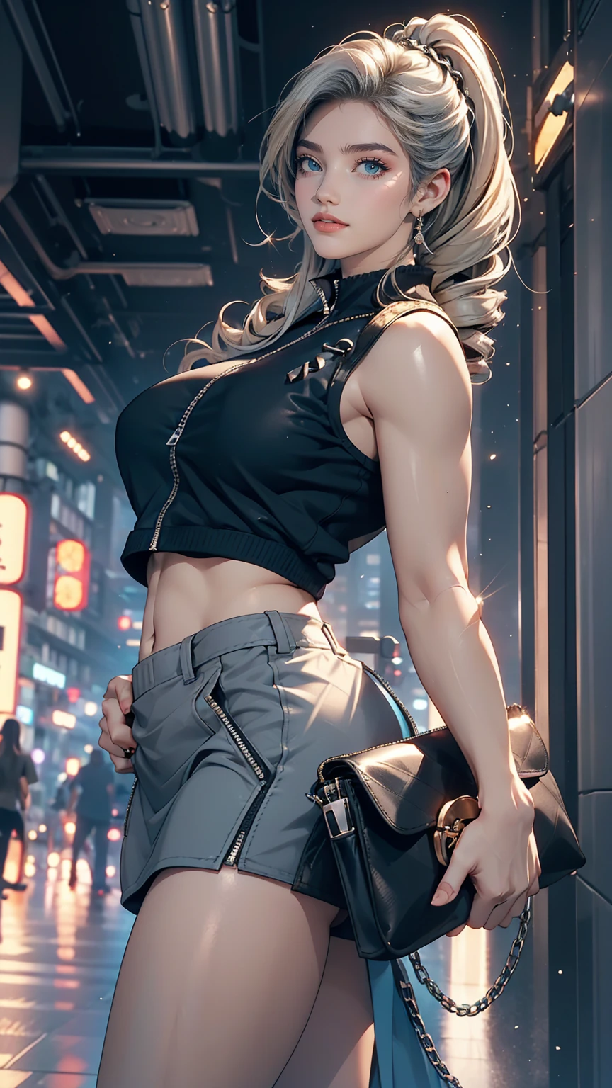 ((King from king of fighters series)) (beautiful face)(big glowing blue eyes)(red lips) ((very short blondeairstyle))) ((very huge breasts) (perfect slim body) (wears elegant purple tucsido suit, pants, shirt, tie, and gloves) (posing sexy inside bar)) (high definition, amazing lights and shadows) ((masterpiece)) (8k) (perfect face) (best quality) (perfect hands, eyes, and face)