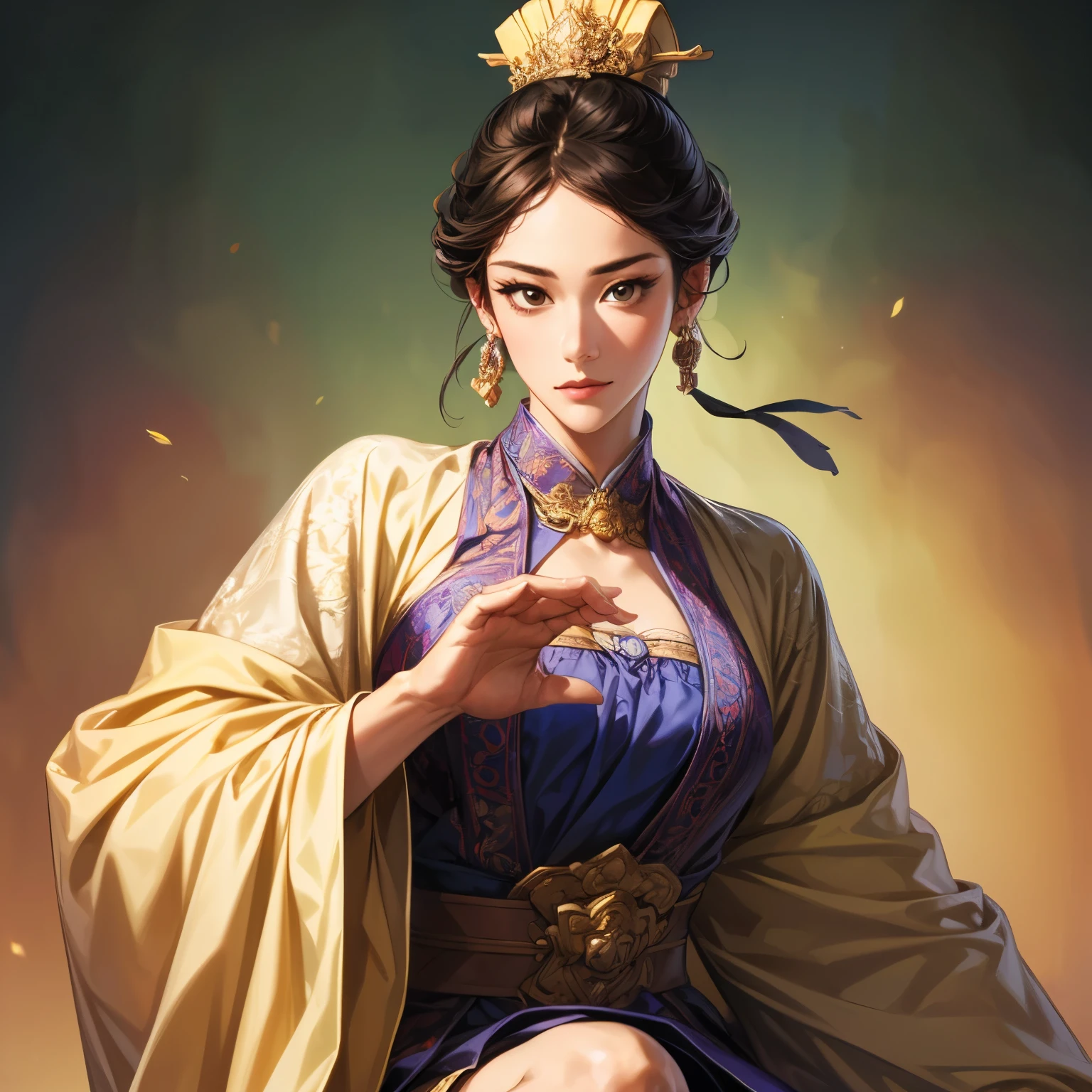 beautiful woman in rococo style, oil painting, Illustration of Three Kingdoms Jiyeon , Female solo, detailed face , perfect hand , elegant pose , watercolor landscape background , ( top quality, 4K, 8k, high resolution, masterpiece: 1.2), Very detailed, Very detailed된 눈과 얼굴, long lashes, vivid colors , studio light , Elegance, intricate details , movie lights , ((Create an image from the knee to the top of the head)), blurry background , Random pose, black thin stockings ,