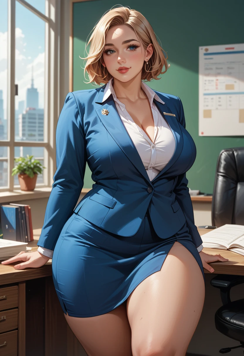 A beautiful teacher in a suit stands in the room, There is a blackboard on the wall behind her, Beautiful teacher, Sexy, aloof, Black wrapped long legs, Light brown hair, Licking lips, Sony FE GM, Ultra HD, Retina, precise, masterpiece, Anatomically correct, Textured Skin, Super Detail, high quality, High Detail, best quality, high resolution, 1080P