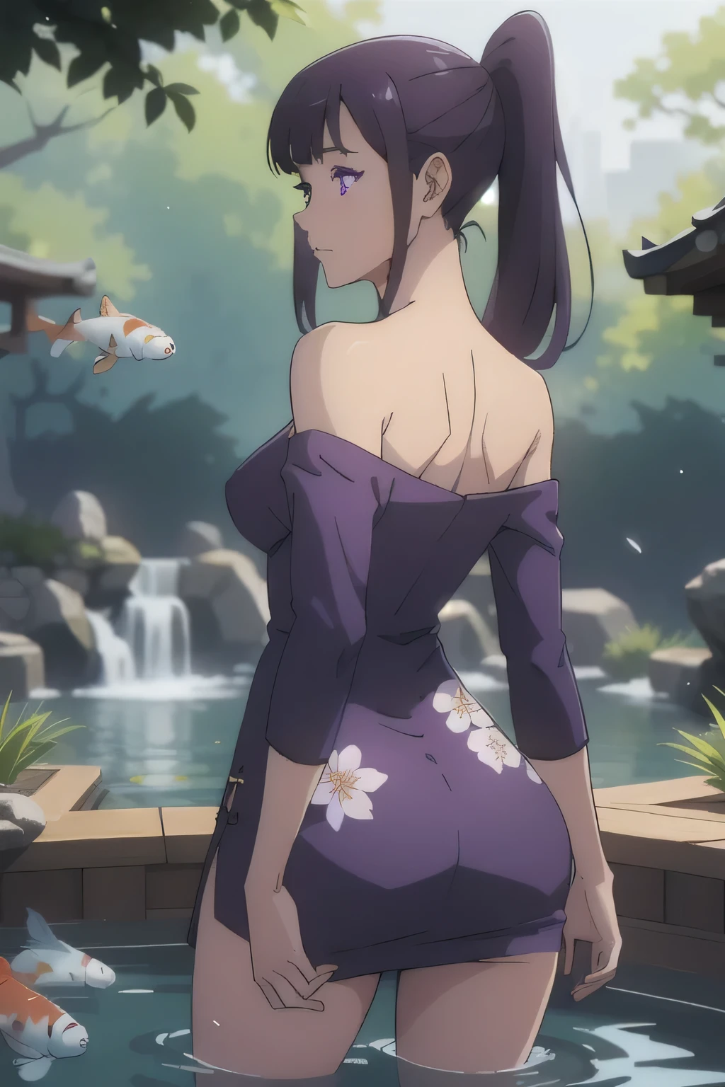 1 girl in, 18, photo of Sung Jinha, Solo Levelling Waifu, photo of perfect woman, Solo, Aesthetic artwork, (long hair, straight purple hair, long ponytail, dark purple hair, bangs: 1.25), (violet eyes, clear skin, fare skin, small breasts, B-cup, runners body, very thin waist, skinny, petite, detailed skin texture, (Masterpiece), (shot from behind, up skirt, focus on ass:1.2), (in a chinese garden, koi pond, legs in the water, water running down legs, wearing a intricate falling off the shoulder chinese red dress), (extremely detailed 8k wallpaper), soft lighting, high quality, film grain, 50mm, High Detail, Sharp focus, (natural light), (cowboy photo:1.2), light particles