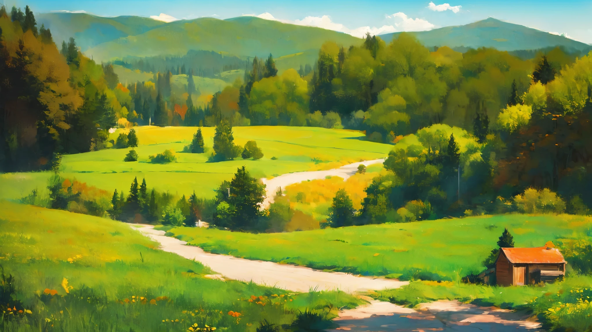 A is drawing with paint,Background meadow, Sky, looks up at the , Distant Scenery