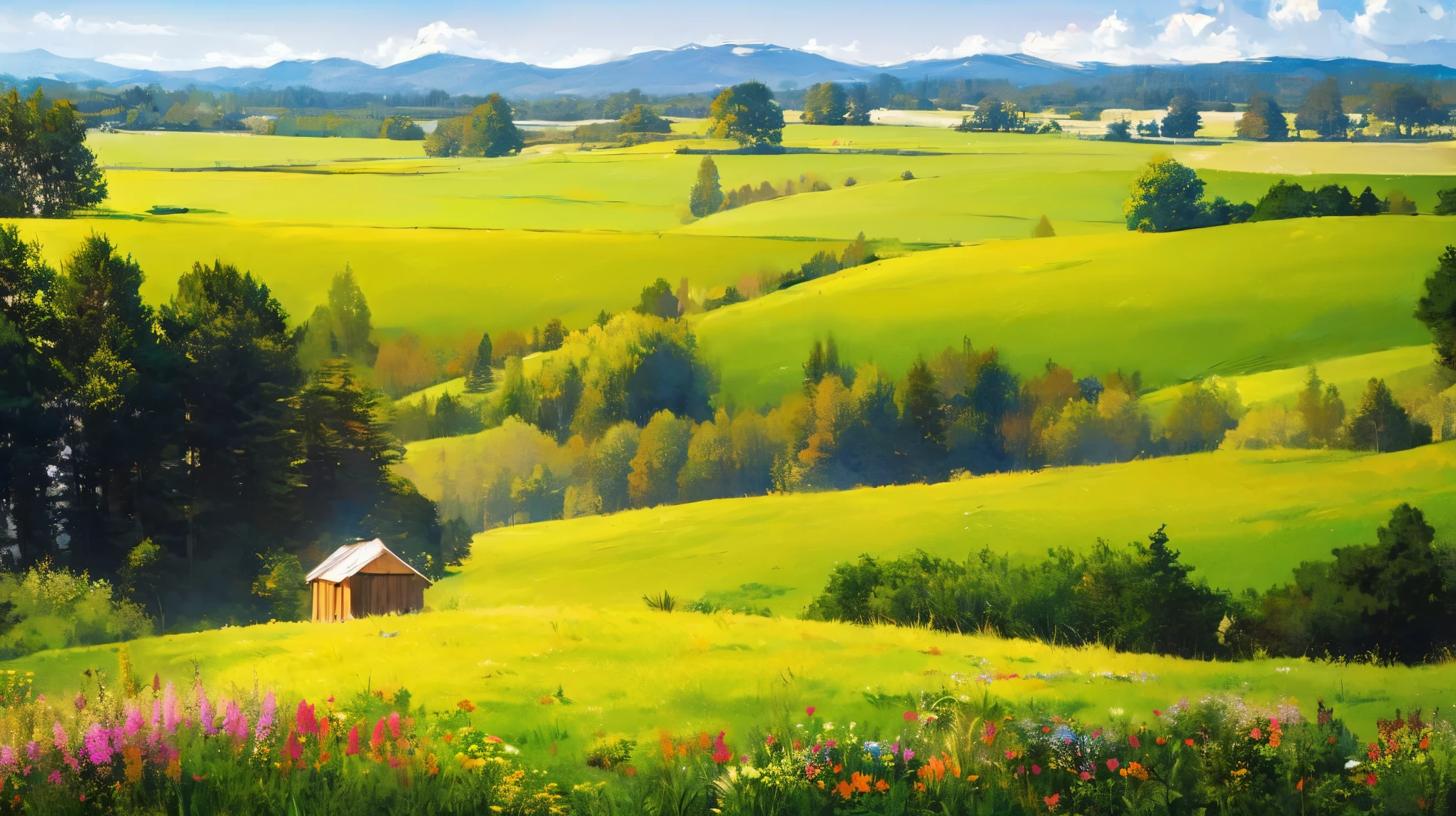 A is drawing with paint,Background meadow, Sky, looks up at the , Distant Scenery