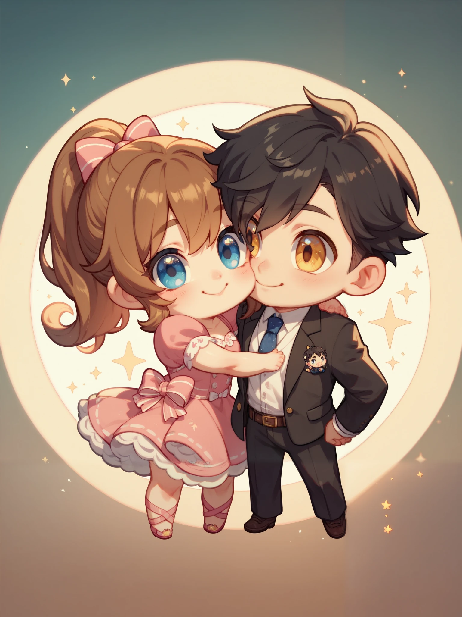 chibi scale characters (**all characters are chibi**), full body, cute chibi characters, 2 characters, 1 boy (short black hair, golden eyes,suits) ,1 girl (long brown hair, ponytail, blue eyes, pink dress) , couple, hugging, cute outfit
