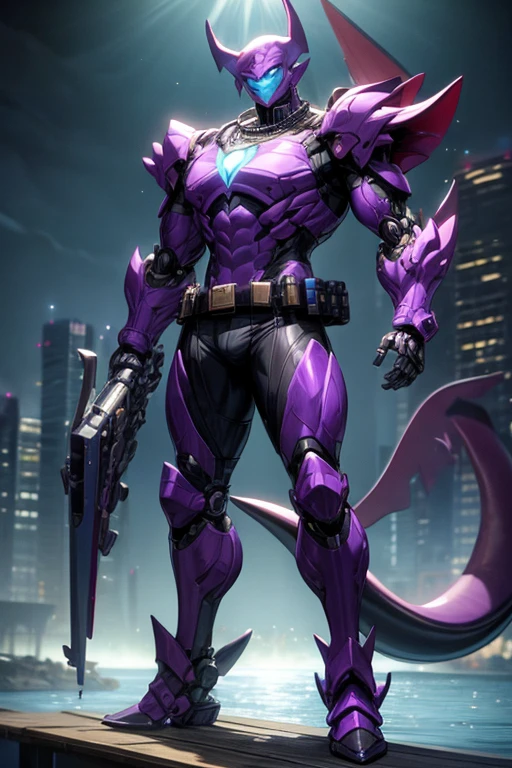 ((best quality)), ((masterpiece)), (detailed), 1 male, full body, 25 years old, masked, purple mask covering his entire head, smooth head, mask covering his mouth, 1 small shark fin-shaped crest on his head, diving mask, angry expression, black collar, tall and strong, very athletic, shark fins, gray details, mechanical shark jaw on his neck, purple fingerless gloves, purple wristbands, water shooters, purple nanotech suit resembling light armor, purple chest with an emblem, green fly emblem on his chest, green emblem, purple pants, shark tail, blue knee pads, metallic purple boots, black superhero belt, standing on a pier by the sea, night city background, anime