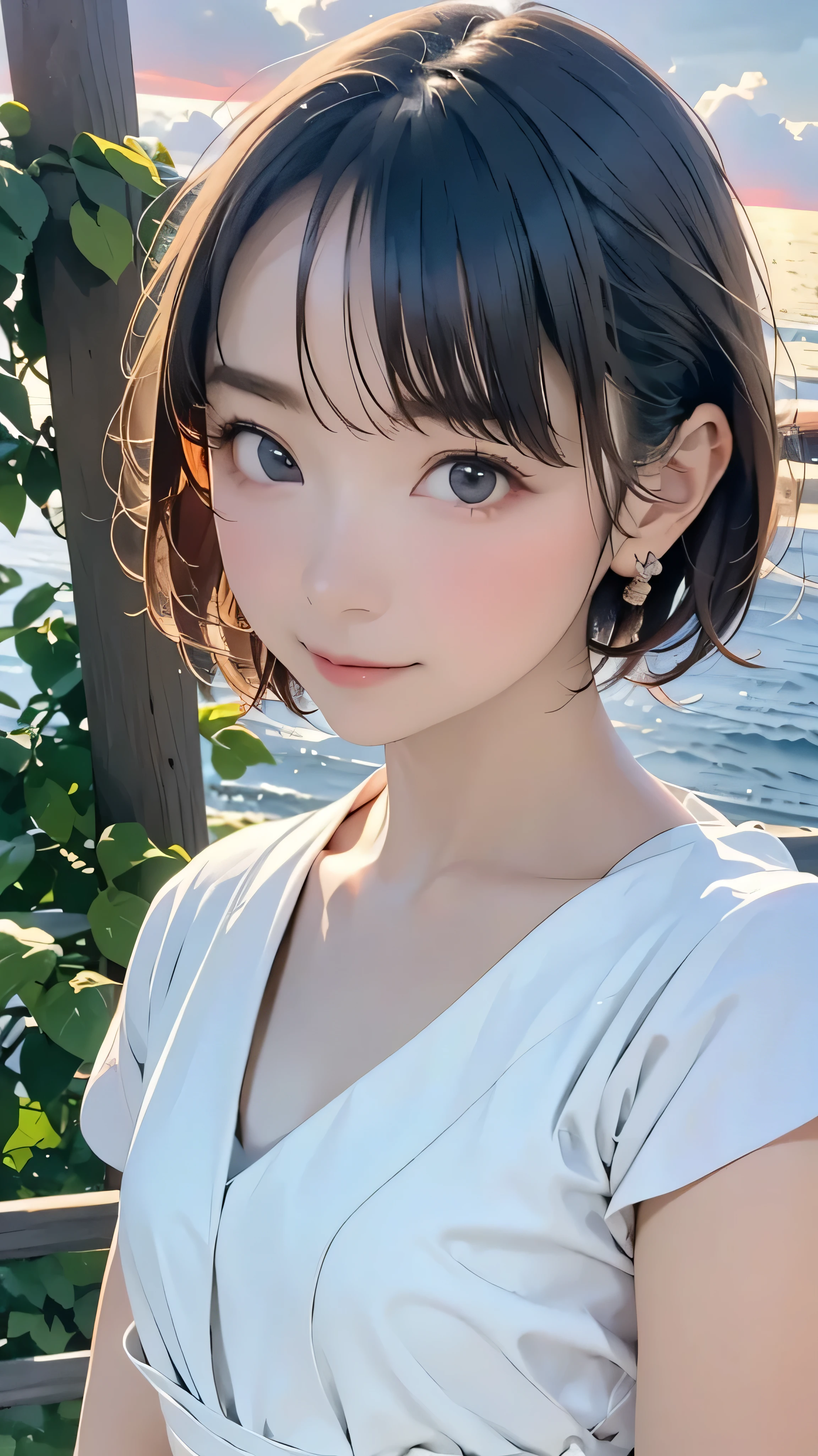 one girl, (ars old:1.4),(Very Young Face), (japan Person famous idol), face, cute face, ash gray hair:1.5, bob hair, short hair, camera's line of sight, small breasts, An ennui look, (dress:1.4) , particles of light, sea of sunset, calm sea, white sand beach, very beautiful sunset, RAW photo, highest quality, High resolution, High resolution, masterpiece:1.3, 32k, professional photographer,(Enhances the beauty of skin texture:1.1),((Extremely precise and accurate anatomy:1.0)),Kind eyes,Graceful pose,(Beauty of form:1.4) Golden ratio, big eye,(nature's providence:1.4),