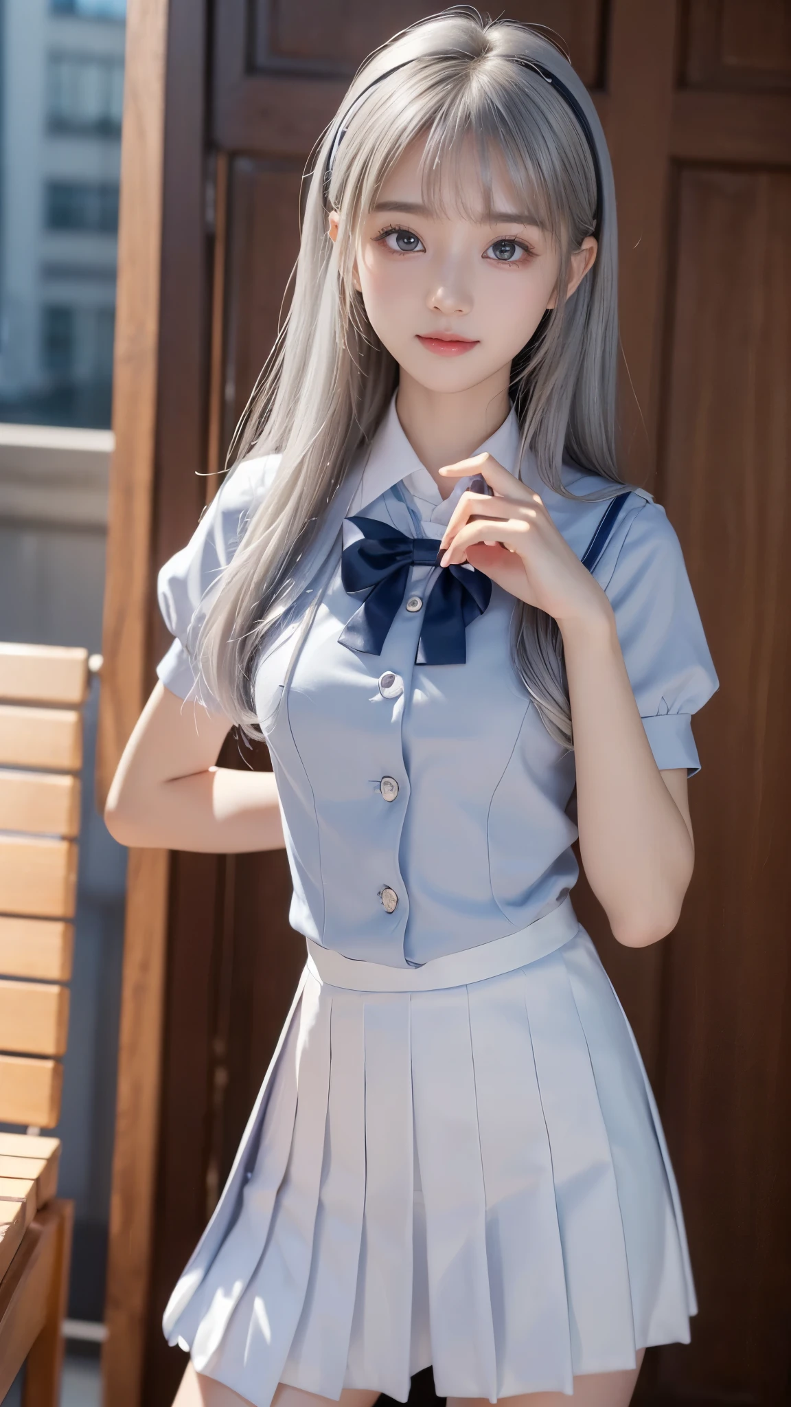 big eyes、Beautiful breasts、 beautiful eyes、 slender body line 、 beautiful waistline、((Super cute girl、、 ite figure、Youby Face、Idote uniform:1.2)))、((( cute pose )))、nice hair 、 Silver Hair、9From head to body、Naughty smile、blush、Beautiful small face、(Lovely-shaped lips、Moisturizing Lips)、 best quality、8k、 RAW photos 、 Ultra Fine、 reality、 hotel、Immersion、( detailed hands :1.3、 perfect right hand:1.3)、( Detailed Eyes and Faces 、 Professional Shooting Techniques 、Professional lighting techniques )、( perfect anatomy:1.2)