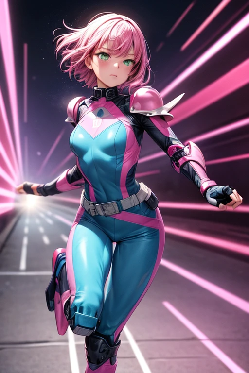 gwenpool, 1girl, weapon, blonde hair, multicolored hair, solo, blue eyes, sword, pouch, smile, mask, superhero, short hair, gradient hair, open mouth, belt, bag, white background, two-tone hair, pink hair, breasts, adapted costume, animification, gloves, belt pouch, looking at viewer, leotard, camel toe