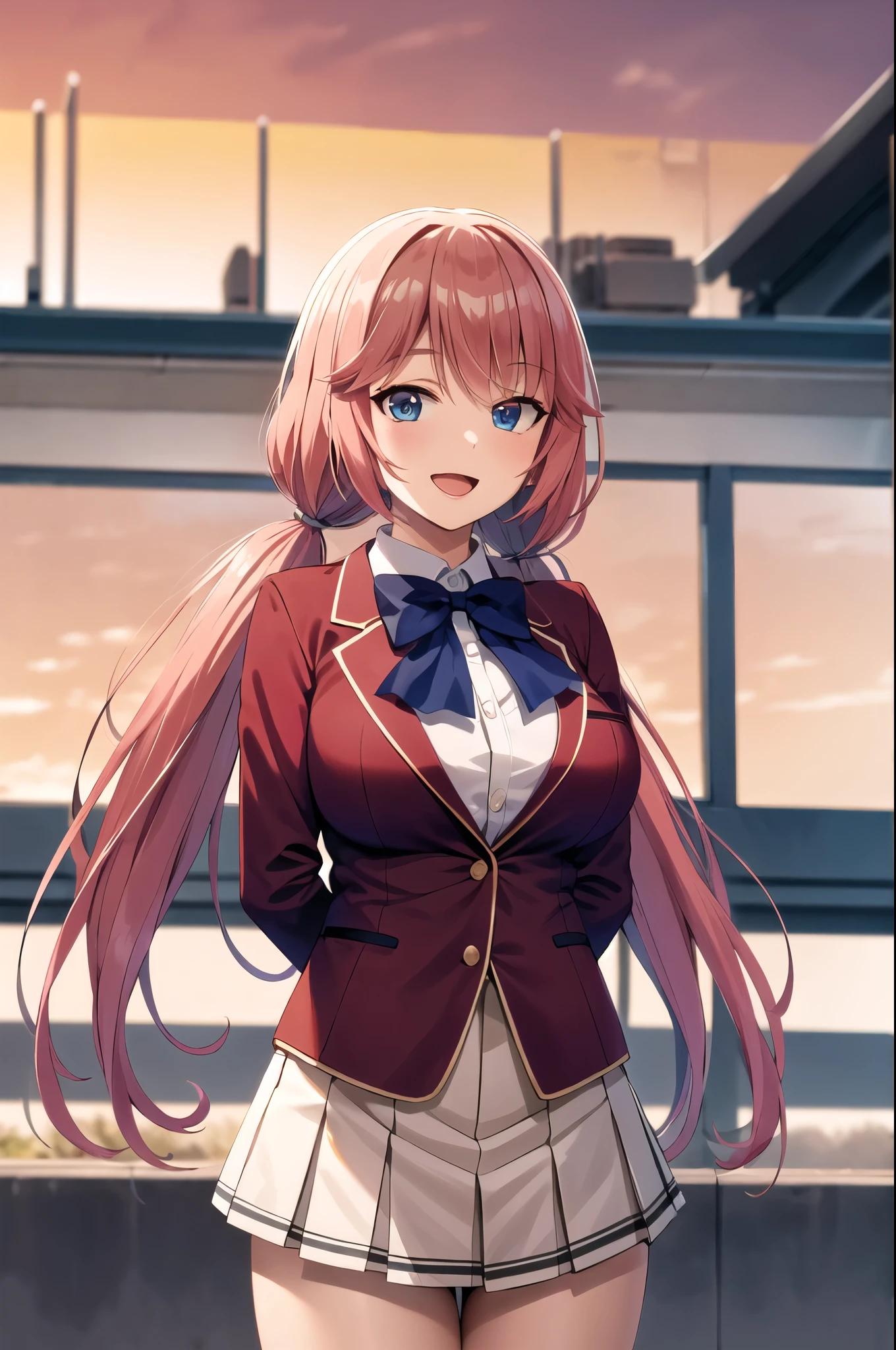 masterpiece, best quality, highres, 1girl, solo, long hair, pink hair, twintails, blue eyes, large breasts, school uniform, blue bowtie, blazer, red jacket, long sleeves, white skirt, school roof top ,outdoor, standing, arms benind back,from below ,cowboy shot,smile ,glossy lips ,open mouth ,sunset