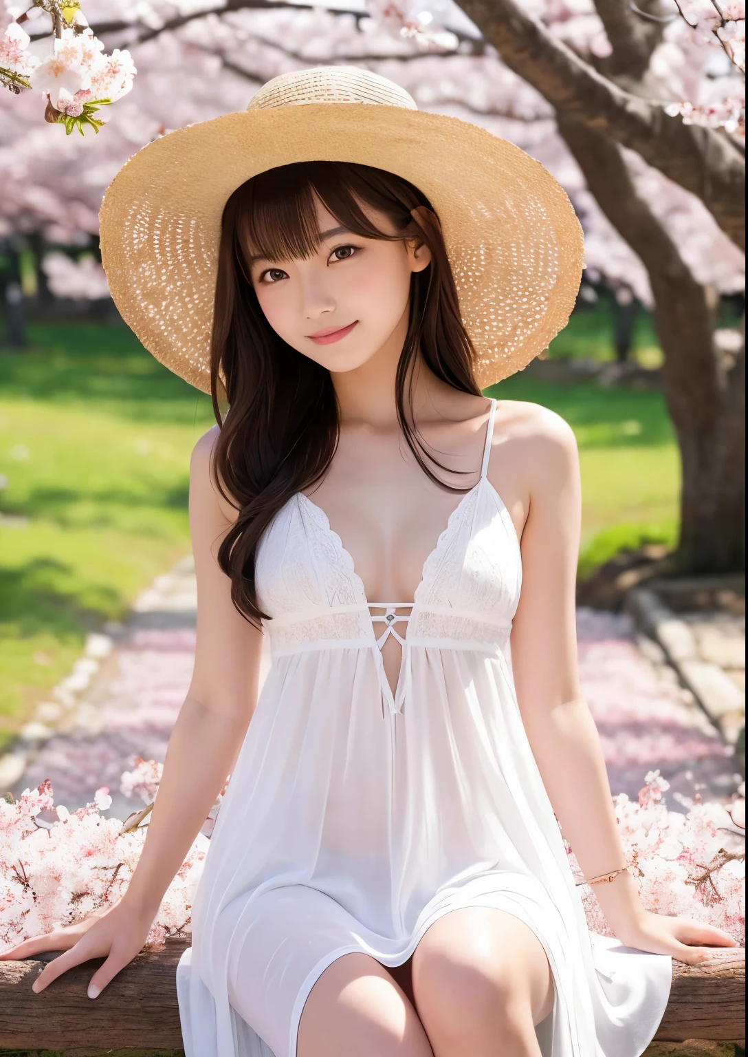 A 20-year-old woman who looks 15 but has the cute face of an idol.。Gentle and cute。Please smile kindly。((No bra and a sheer white silk camisole))、breasts are slightly larger、(((He is short and 1mAbout 50cm)))、(((Morning in the garden))、(Cinema lighting)、(Full body portrait)、((Quality indistinguishable from real life))、masterpiece、I'. RAW Photos Genuine realism Genuine Genuine life