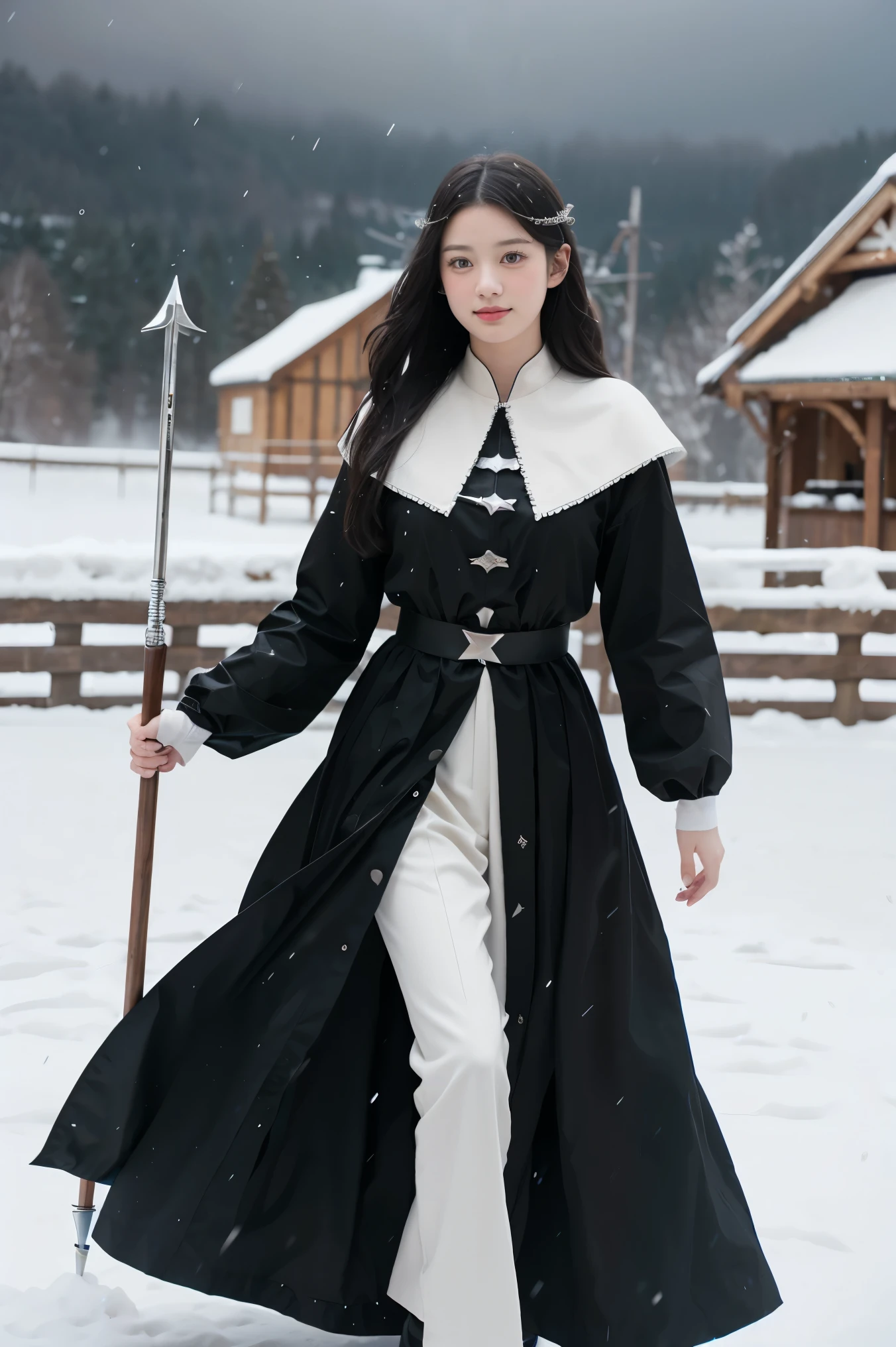 Young woman, Black hair, Wearing black medieval European clothing, Walking in the falling snow, A white spear is in her left hand., There is a large white magic circle., Manga drawing style, realistic 2.5D