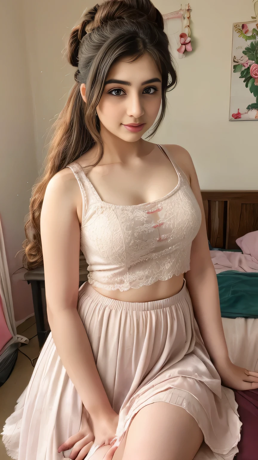 Bedroom photo of 20yo in school school photo in school masterpiece, (photorealistic:1.4), best quality, beautiful lighting, skirt and tank top, Eleanor Pakistani girl with his cute little new born beautiful boy baby with cute pic 20yo Old Plus Size Model Bun lHair Bun Hair Long extremely curly Hair Lifts Skirt Up Raised Skirt, and hair Pink ribbon and (((desi girl))), chubby face, natural skin, wearing hot deep neck top and dupatta,Bedroom background, bokeh waist and style