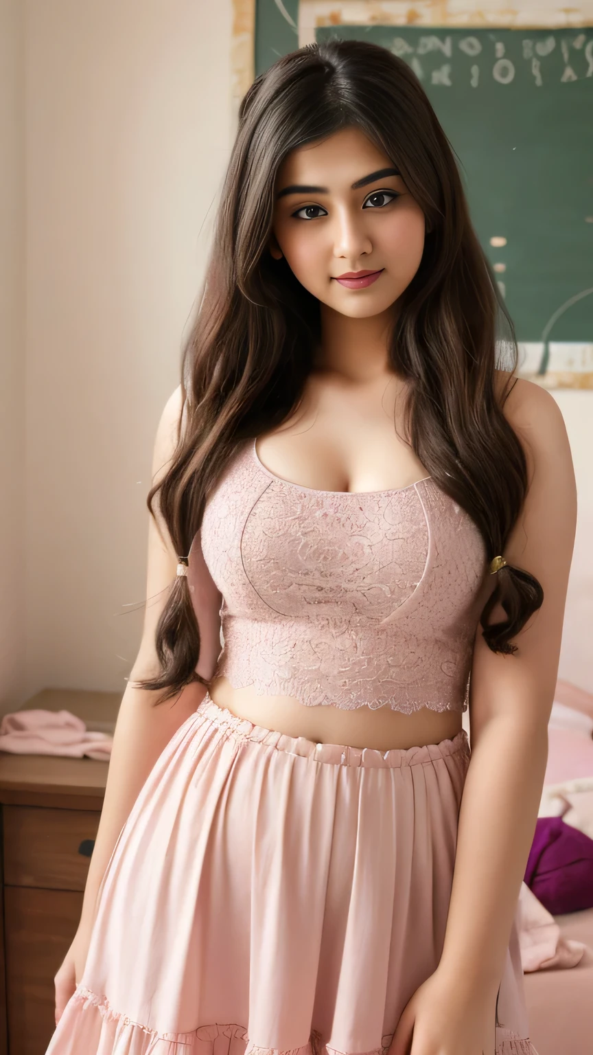 Bedroom photo of 20yo in school school photo in school masterpiece, (photorealistic:1.4), best quality, beautiful lighting, skirt and tank top, Eleanor Pakistani girl with his cute new born biful boy baby with pic 20yo Old Plus Size Model Bun lHair Bun Hair Long extremely curly Hair Lifts Skirt Up Raised Skirt, and hair Pink ribbon and (((desi girl))), chubby face, natural skin, wearing hot deep neck top and dupatta,Bedroom background, bokeh sexy waist and style
