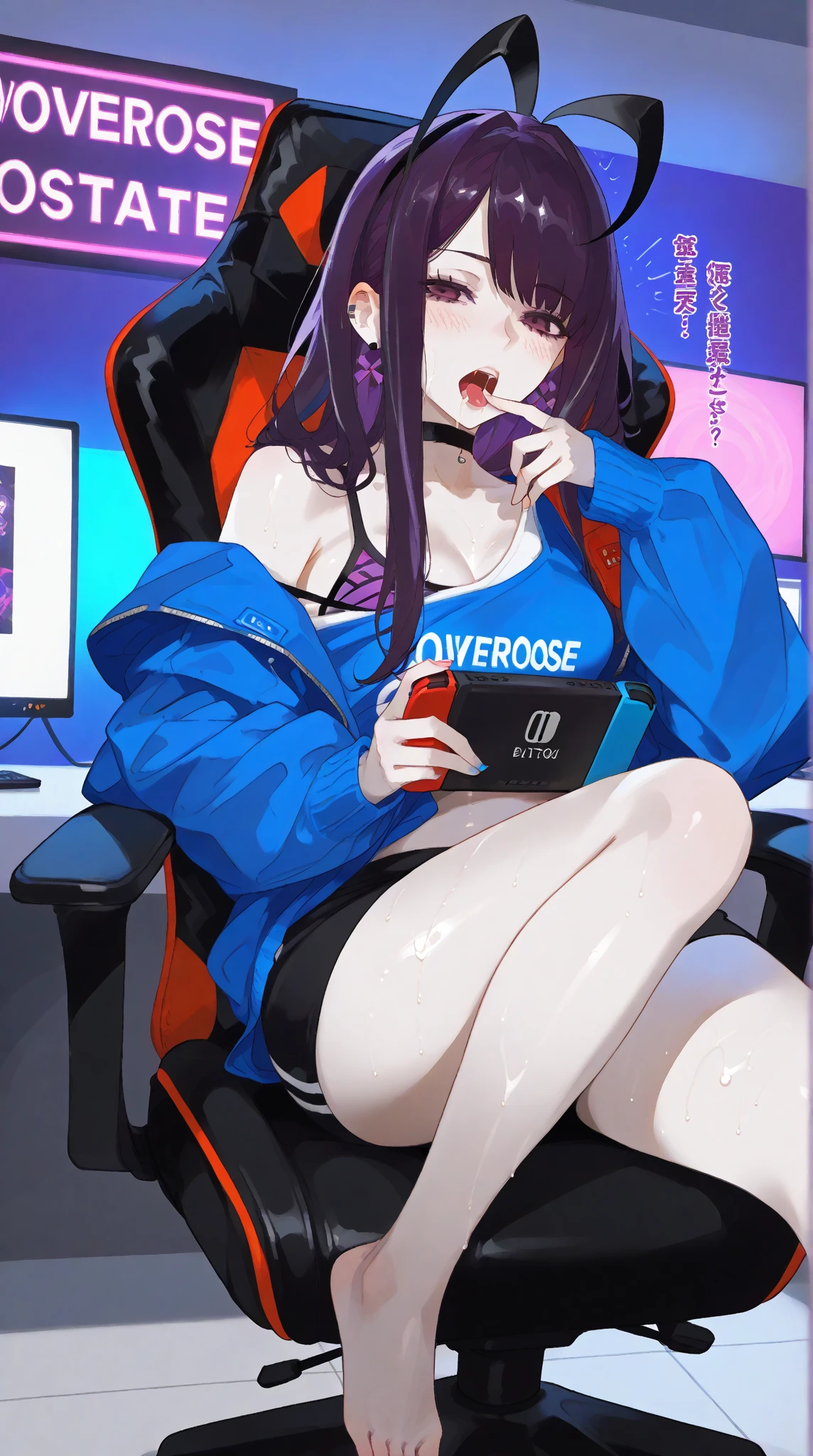 A sorceress with long red hair, long black low-cut dress, black feathers on the shoulders of the dress, bountiful breasts, evil gaze, sitting on the pink gaming chair, a blackboard on the back left written "subs & bits", wearing pink headphones