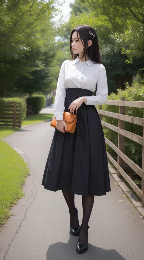 There is a woman standing on the steps, long hair, fine skin texture and cloth texture, fine eyes, long eyelashes, double eyelids, wearing fluent long clothes, wearing fluent mid-skirt, mid-skirt, hanbok apron, bae suzy, mid-skirt apron, wearing fluent clothes, Ghibli anime style, wearing skirt, milk and mocha style, gray skirt, inspired by Shen Se-jung, casual clothing style, skirt