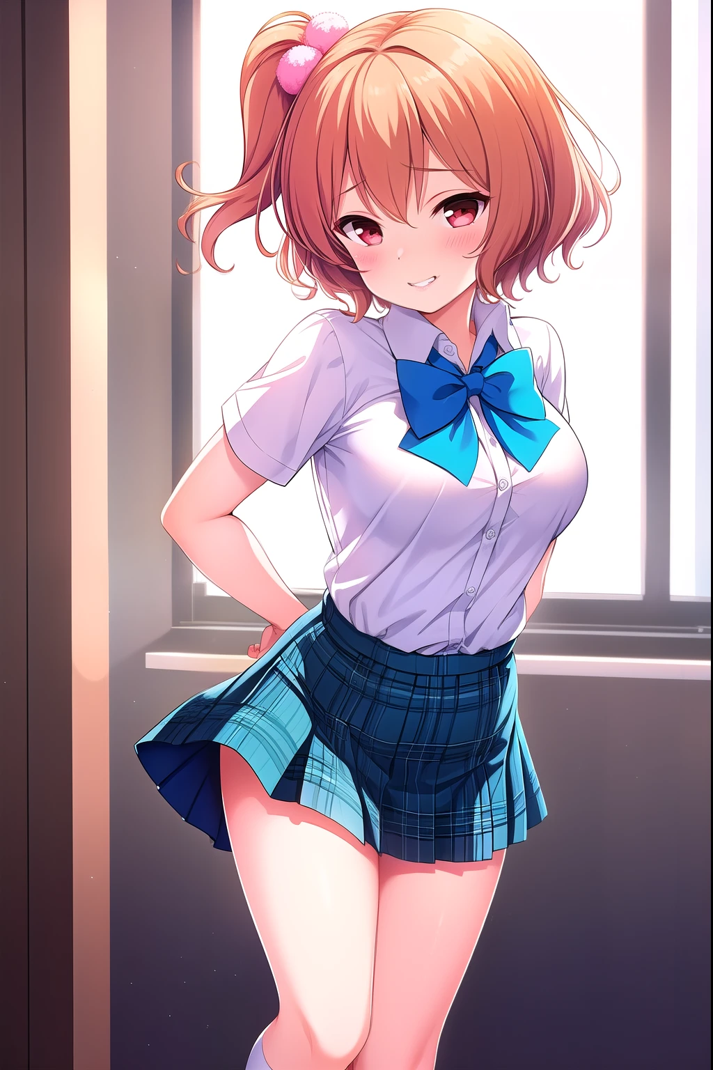 (Masterpiece,  best quality),  highly detailed background , perfect lighting best quality, (Arms behind your back:1.3), tomuramichiru, Alone,  indoor,  school classroom,  orange hair, One side up,  hair bobble,  hair between eyes,  short hair while on a business trip,  red eyes,  Medium Boobs , (Blue Bowtie:1.3),  white shirt, Short sleeve,  Blue Skirt ,  plaid skirt、( skirt lift up:1.3)、white thin thighs, ( white knee socks),  school uniform, grinning、 blush、 pink lips,