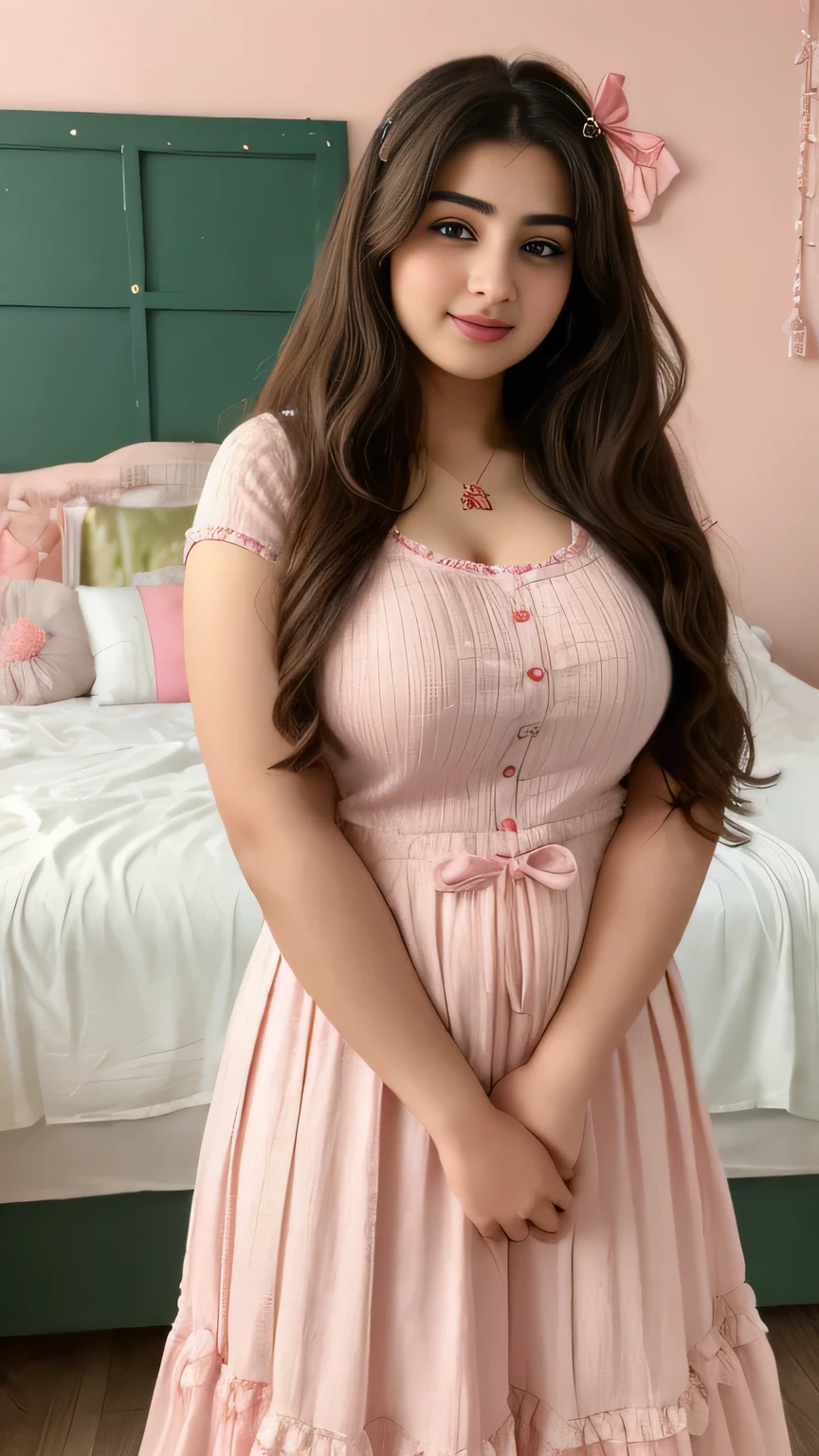 Bedroom photo of 20yo  in school school photo in school masterpiece, (photorealistic:1.4), best quality, beautiful lighting, skirt and tank top, Eleanor Pakistani girl  20yo Old  Plus Size Model Bun lHair Bun Hair Long extremely curly Hair Lifts Skirt Up Raised Skirt, and hair Pink ribbon and (((desi girl))), with his cute  new born cboy baby pic wchubby face, natural skin, wearing hot deep neck top and dupatta,Bedroom  background, bokeh sexy waist and style 