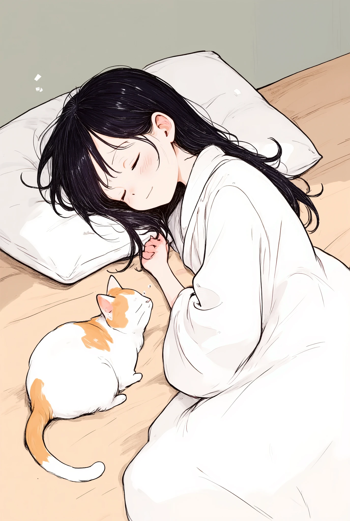 Masterpiece, illustration, vector art, little character , Japanese, 1 girl, shortcuts, black hair, detailed face, is sleeping on a futon,(Satisfied face:1.6),(A calico cat is watching a woman:2.0),Japanese House