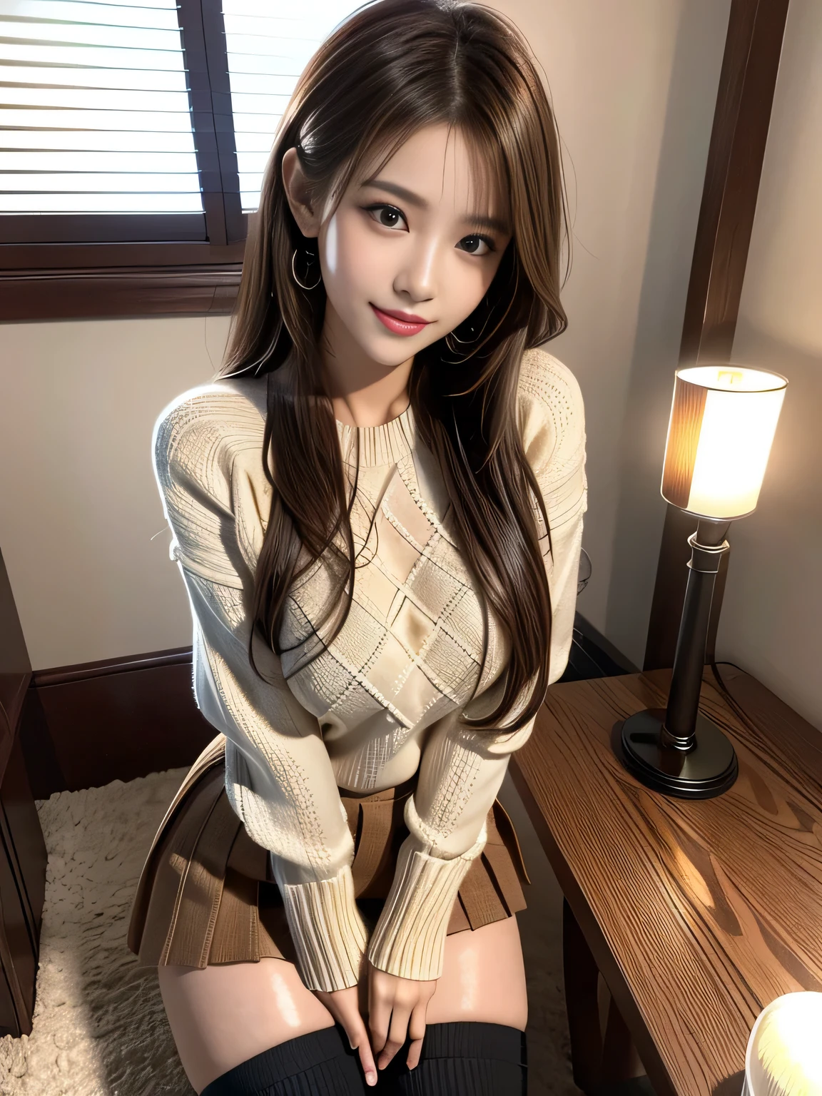 highest quality、Highest image quality、full body photo、25 year old female, Dark brown wavy middle hair、bangs、long sleeve knit、skirt、stockings、white panties、 cute smile、M-shaped legs、Physical education sitting on the floor、Panties visible from the front