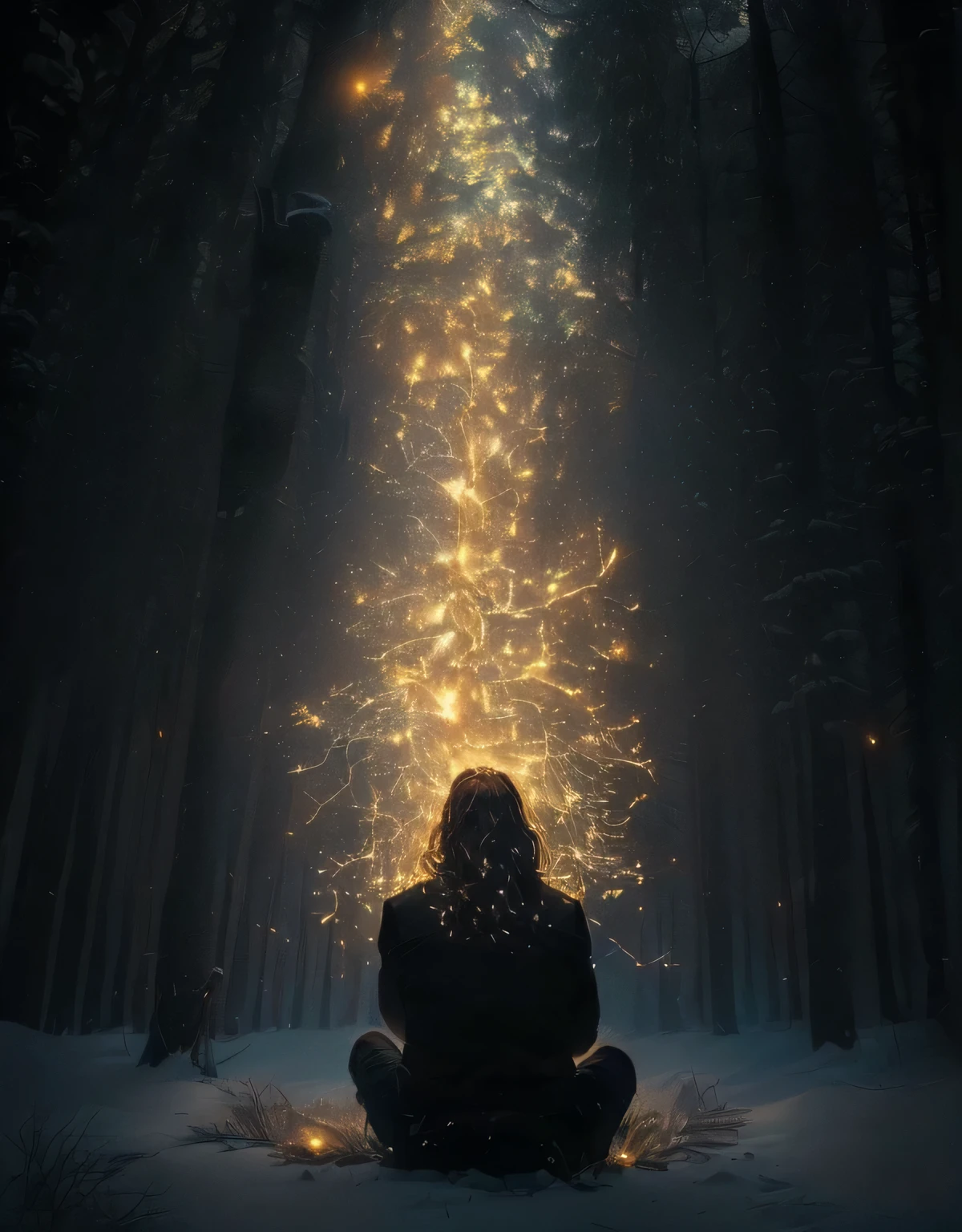 man sitting in the woods ,  in front of him is a sheaf of sparks and a glow , he sees god and grows spiritually .