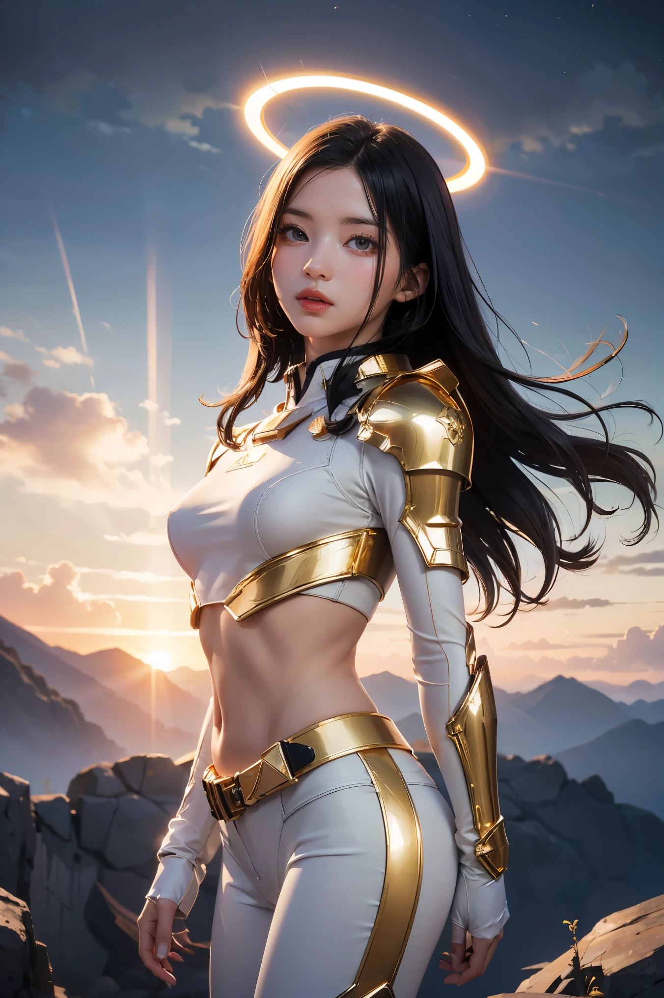 ((masterpiece, best quality, extremely detailed), volumetric lighting, ambient occlusion, colorful, glowing), 1girl, solo, young girl, (dark hair), long hair, halo, aura, sacred, goddess, cleric suit, (white outfit with gold detailst:1.3), armor, outdoors, sunset, sky, clouds, space, (fantasy theme:1.2),ม 1girl, full body, Illustration, cinematic light, high resolution, best quality, ultra-detailed, masterpiece, power suit, powerranger, suit, spd,