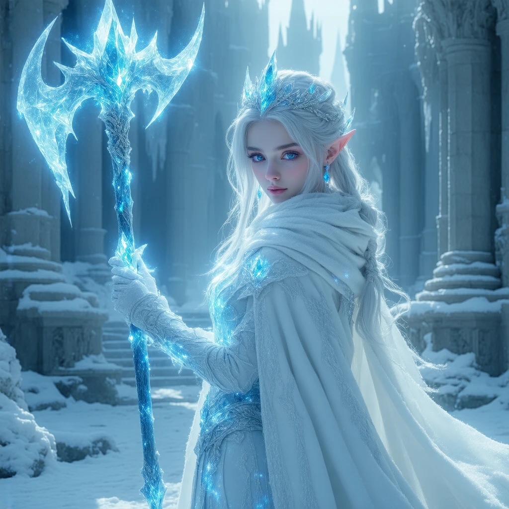 A female elf with white hair, blue eyes, beauty face, white skin. Wearing grand and elegant cloak, holding ancient wand. Her hair covering one of her eyes and icy gaze.