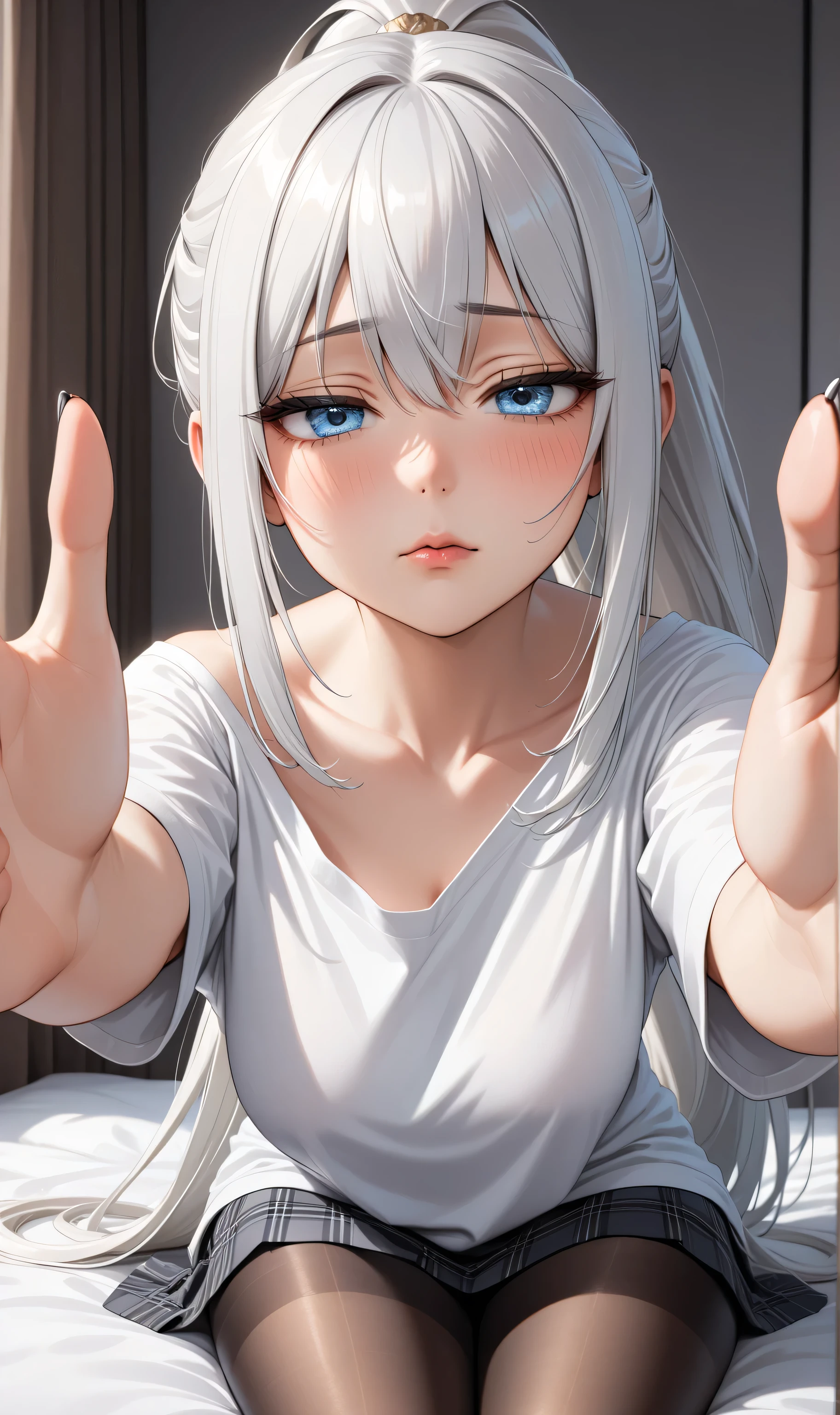 Upper body ((Ultra detailing)), (very aesthetic, best quality, ultra detailed), intricate details, 1girl, silver hair, silver eyes,((Detailed eyes)), ((Beautifull eyes)), ((prefect eyes)), long hair, ponytail, shy, Licking her lips, Blush , (Disgusted look: 1.2), (Wearing oversize T-shirt, off-Shouder,Skirt, pantyhose), On the bed, Incoming hug