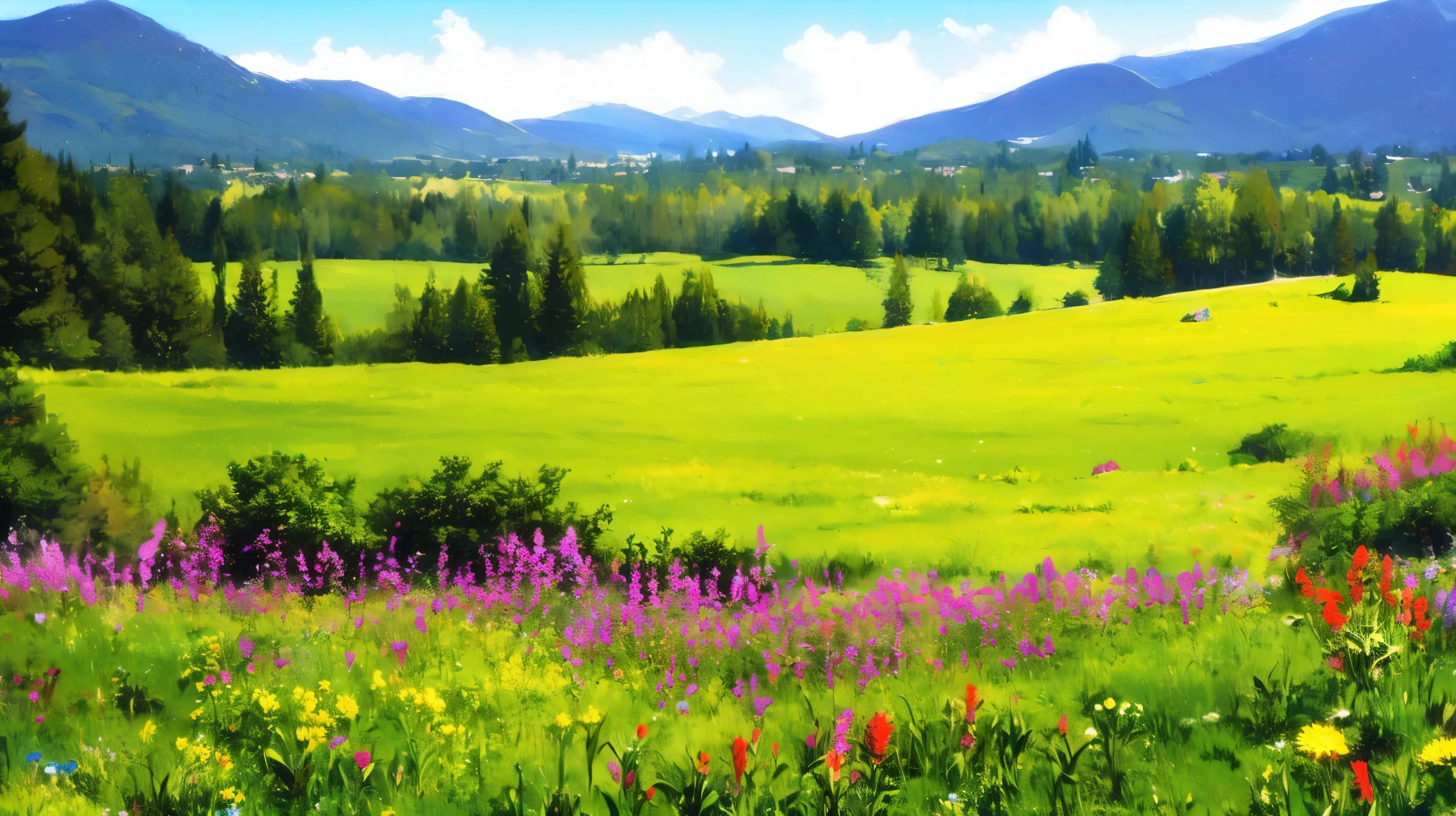 A is drawing with paint，Background meadow， Sky， looks up at the ， Distant Scenery
