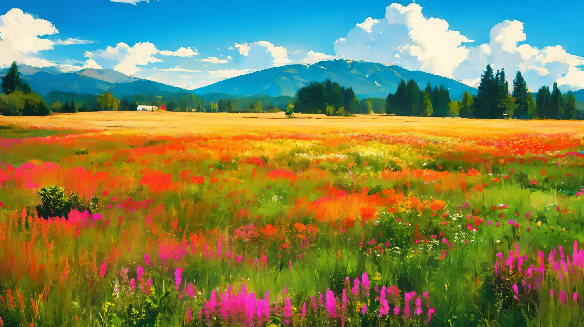 A is drawing with paint,Background meadow, Sky, looks up at the , Distant Scenery